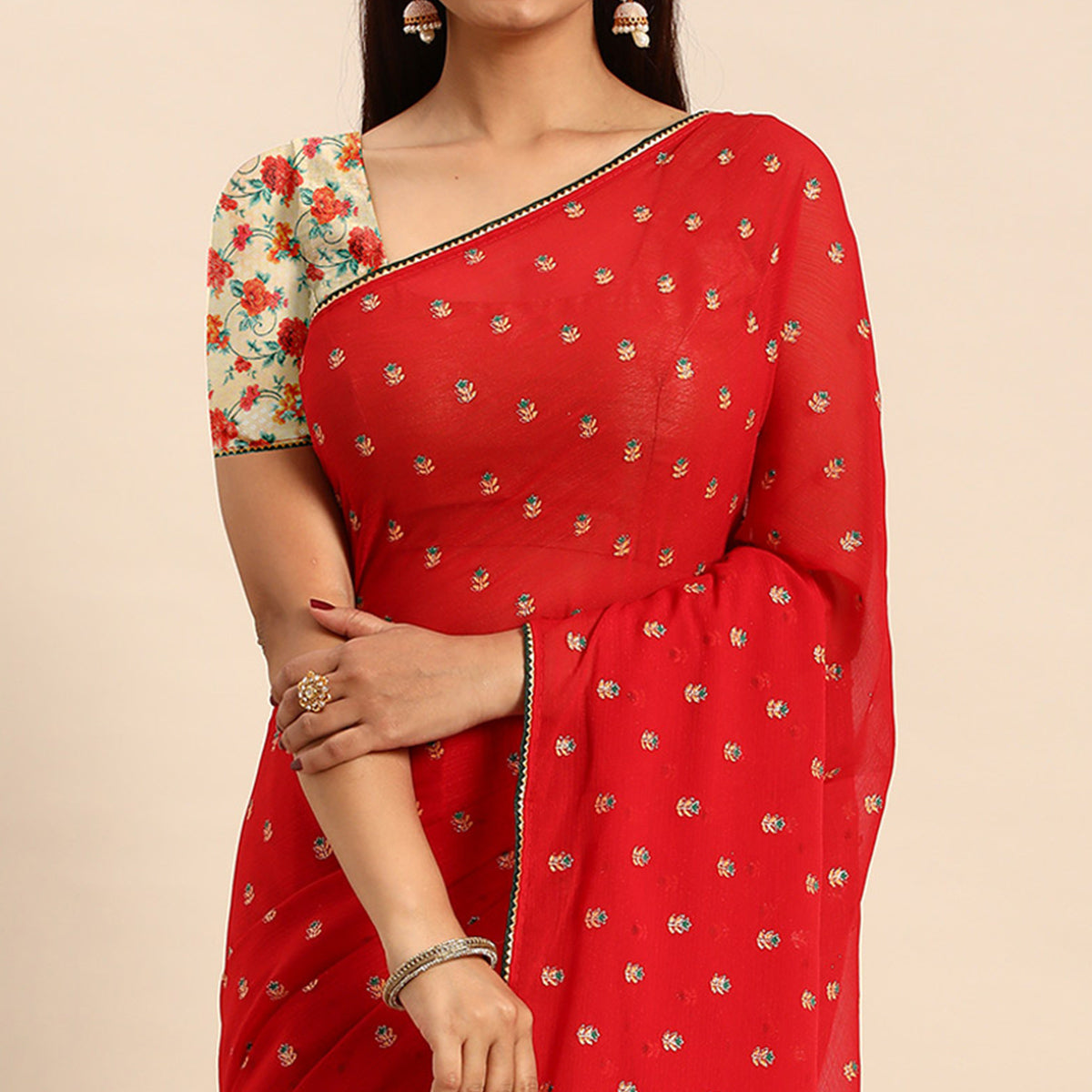 Red Embroidered Chiffon Saree