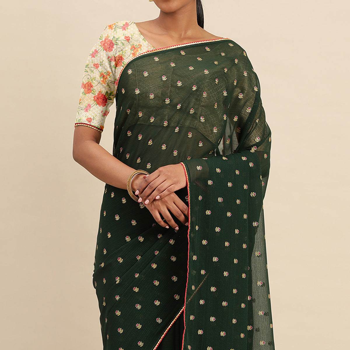 Green Embroidered Chiffon Saree