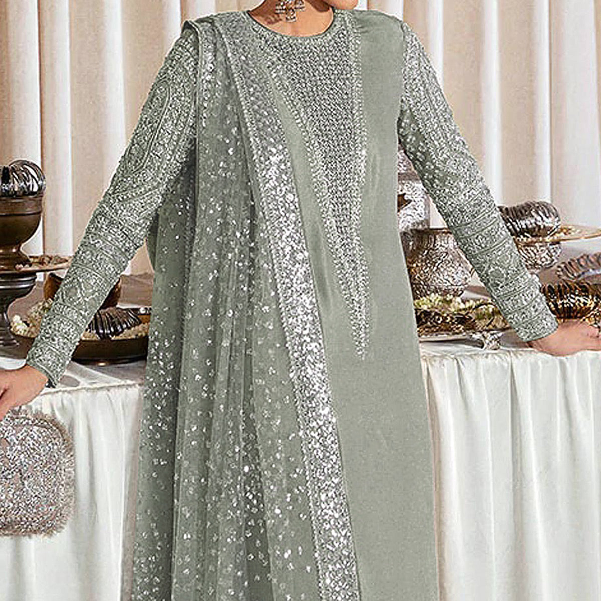 Light Green Sequins Embroidered Georgette Pakistani Suit