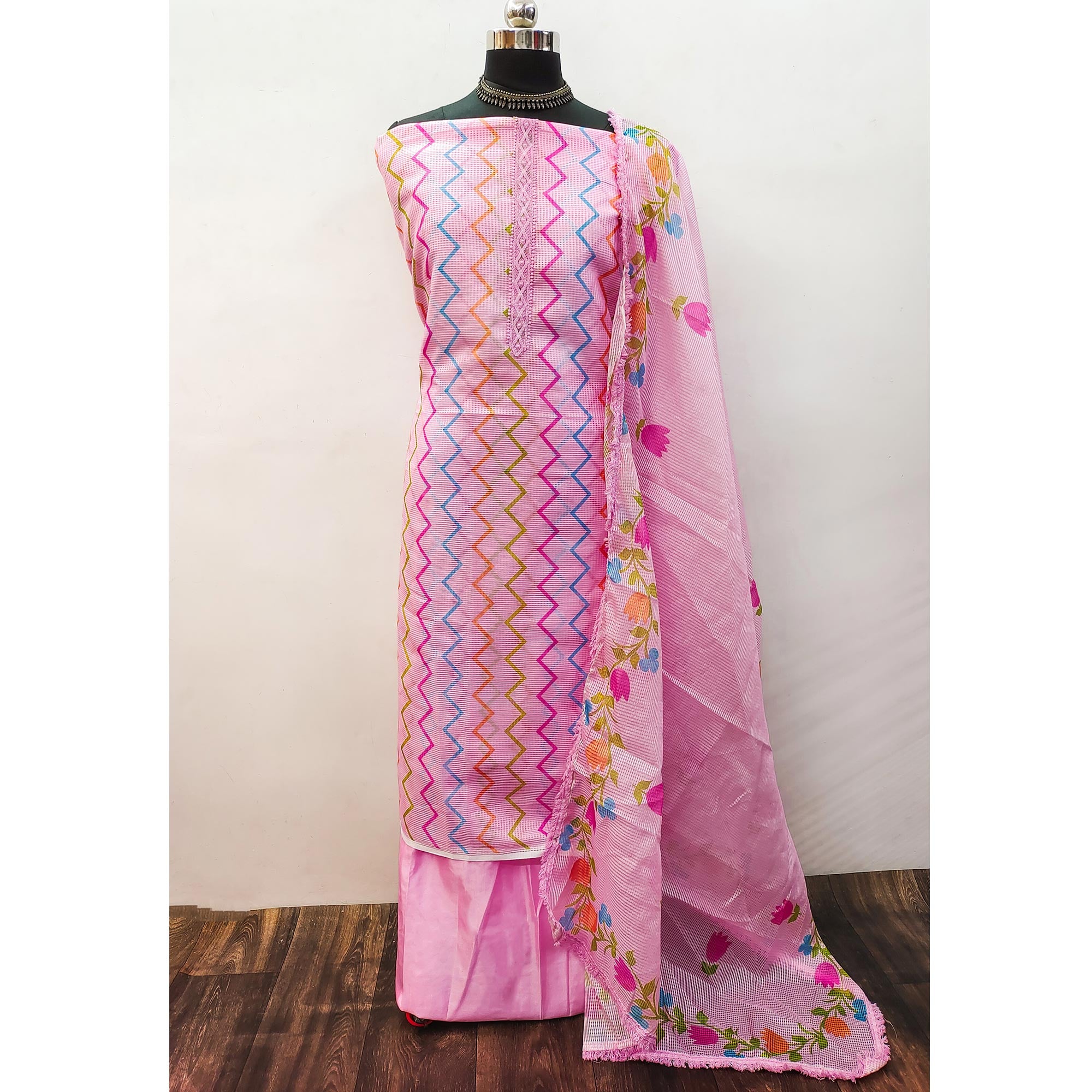 Pink Printed Kota Doria Dress Material