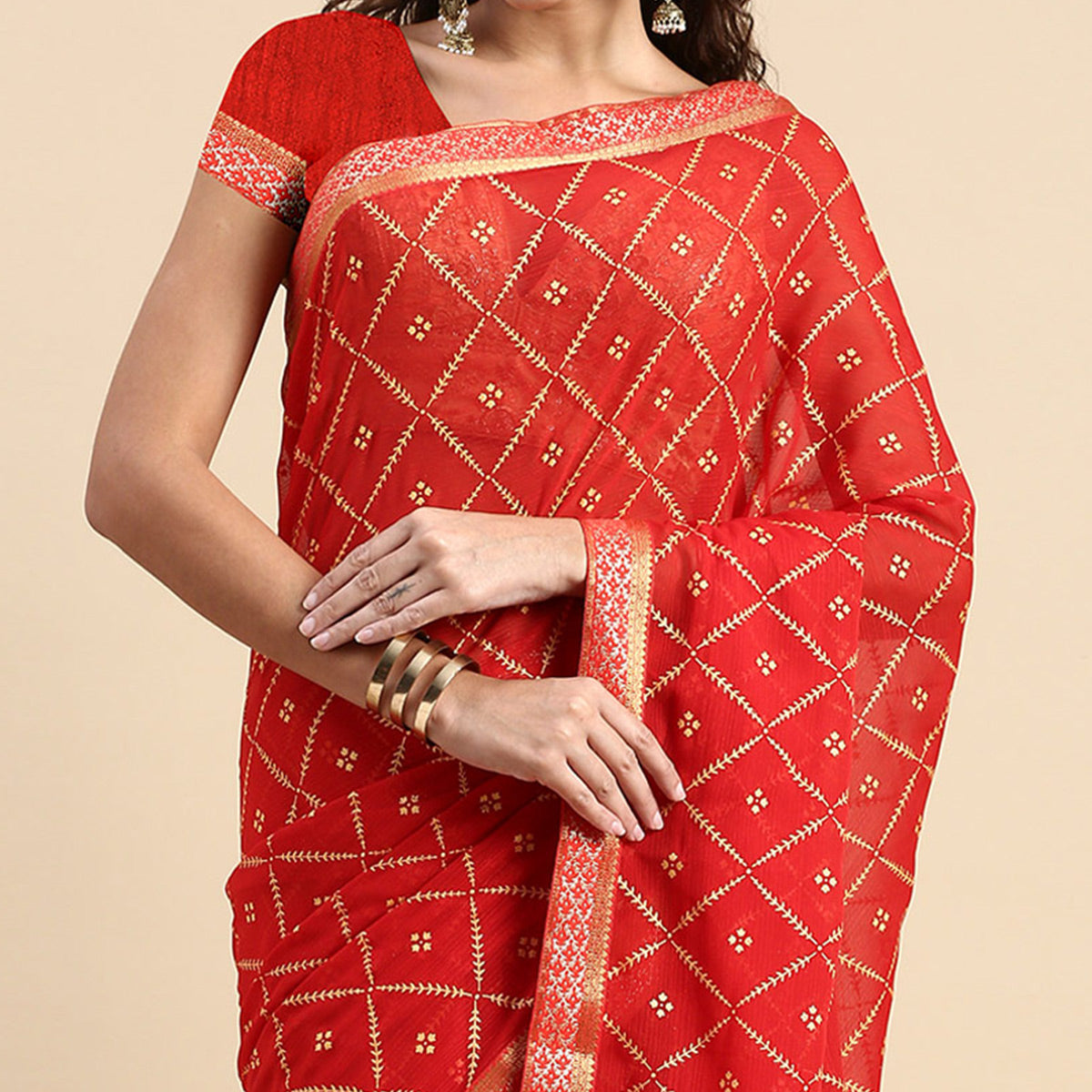 Red Floral Foil Printed Zomato Saree