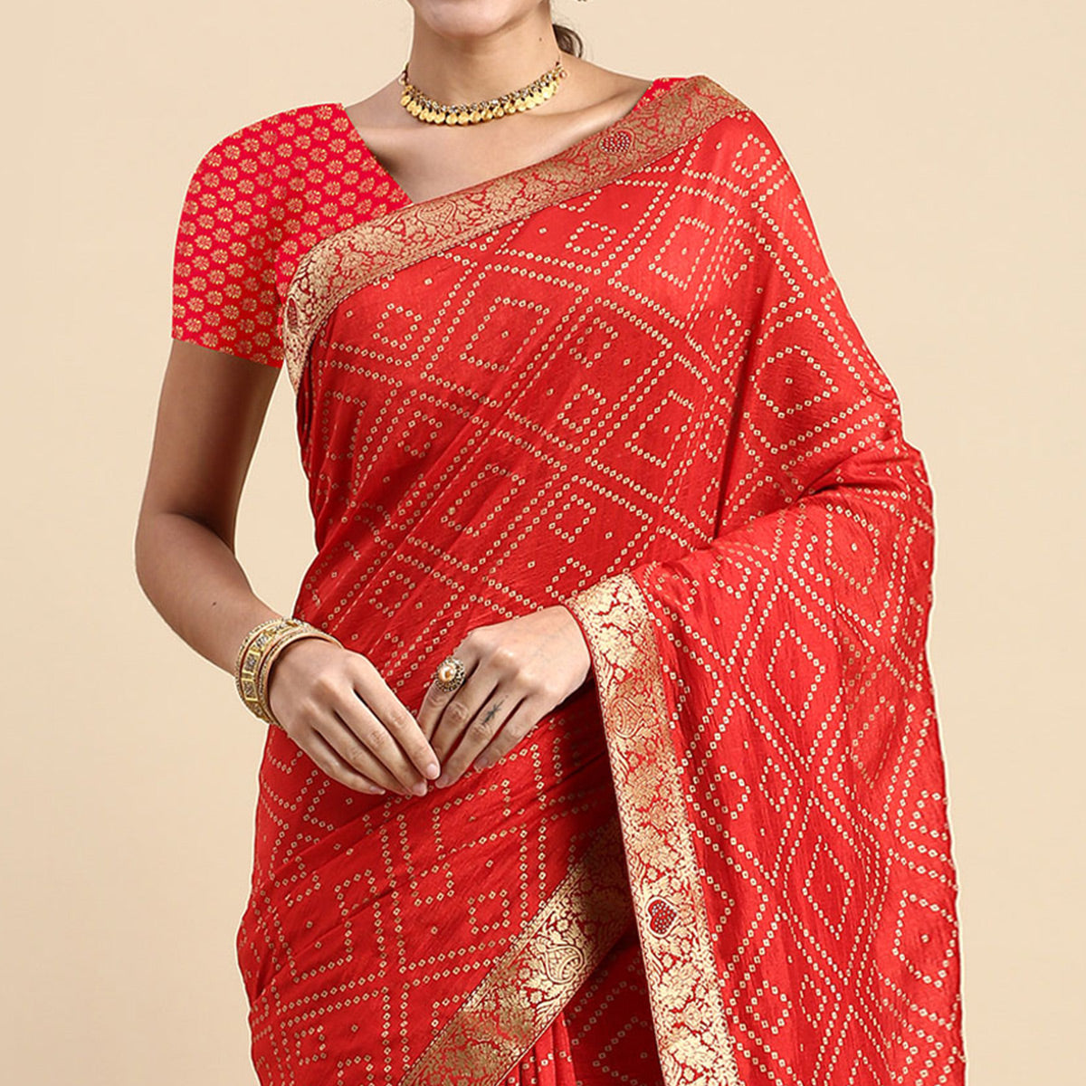 Red Foil Printed With Swarovski Vichitra Silk Saree