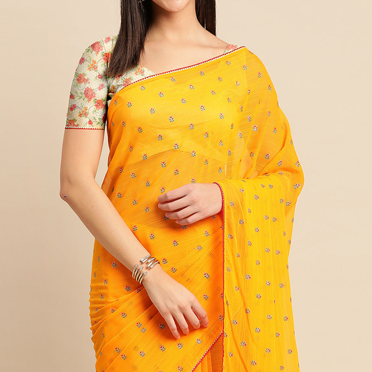 Orange Embroidered Chiffon Saree