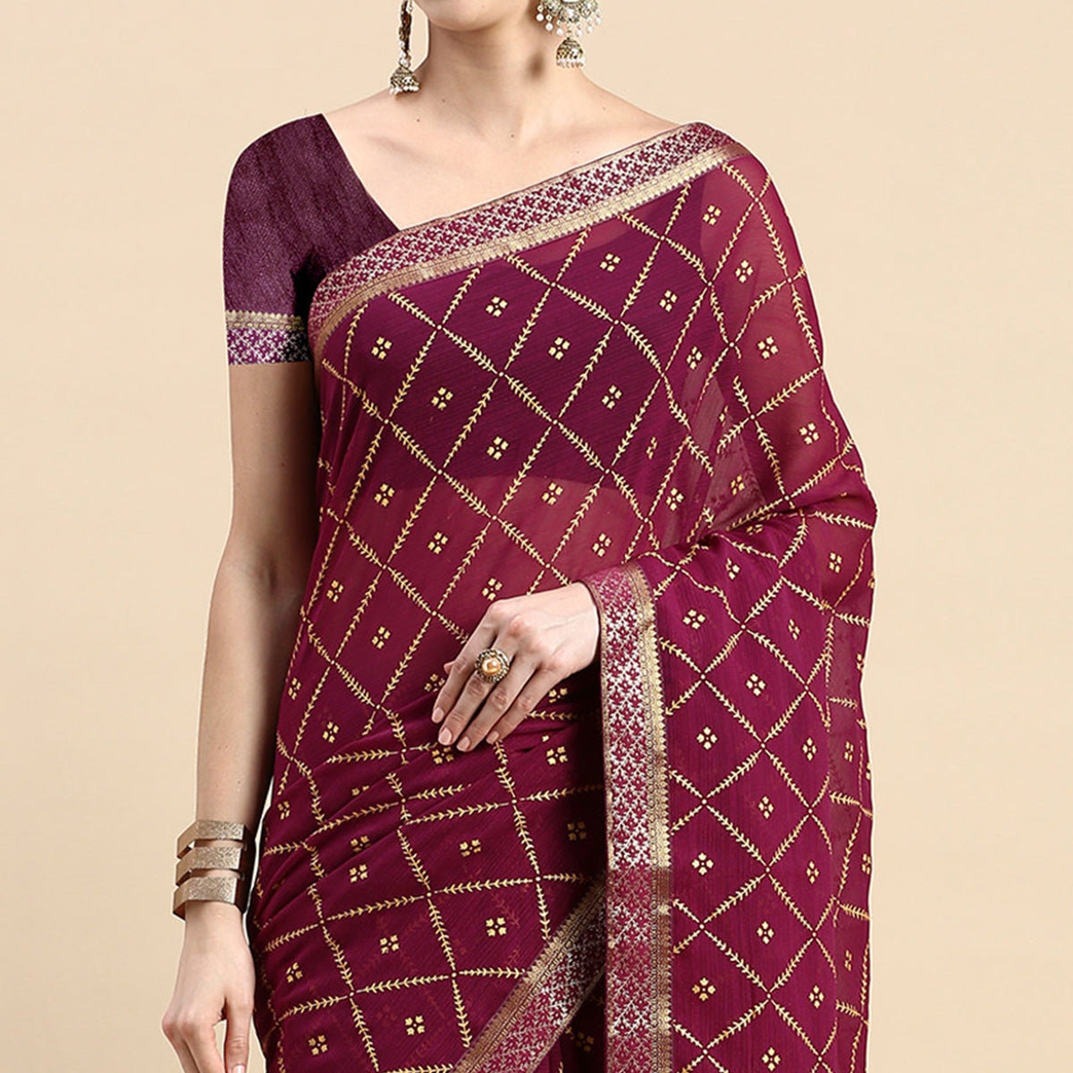 Purple Floral Foil Printed Zomato Saree