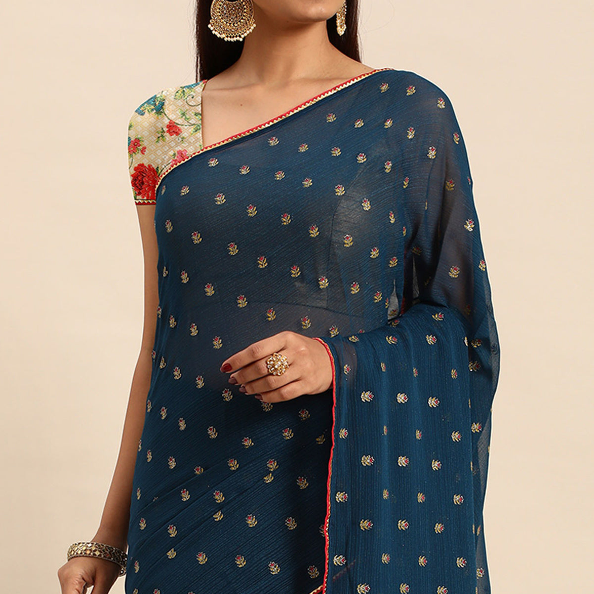 Teal Blue Embroidered Chiffon Saree