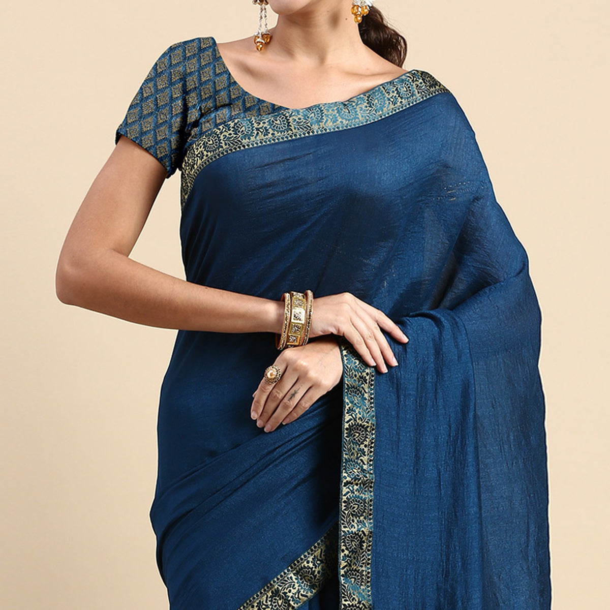 Blue Swaroski Work Vichitra Silk Saree