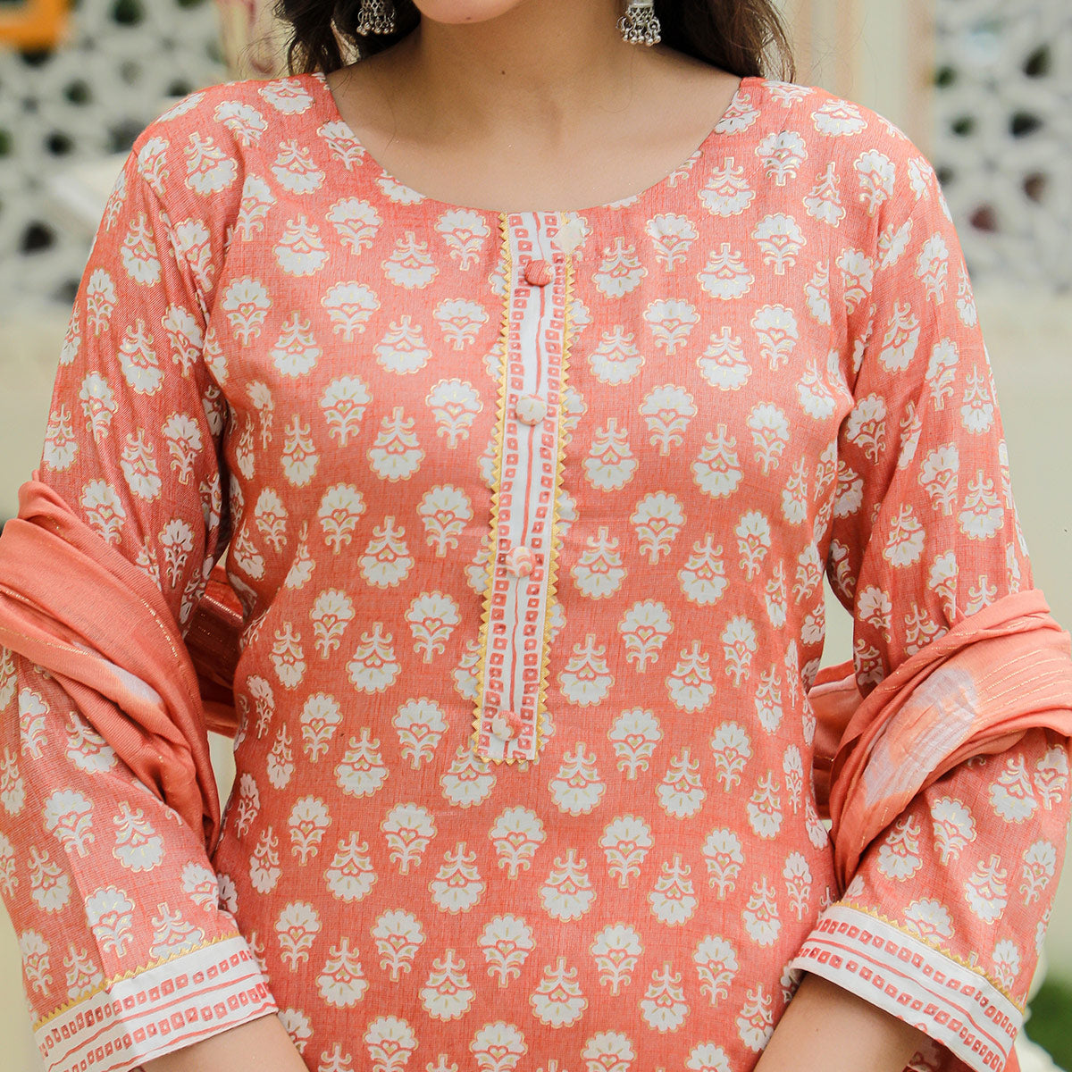 Peach Floral Foil Printed Rayon Suit