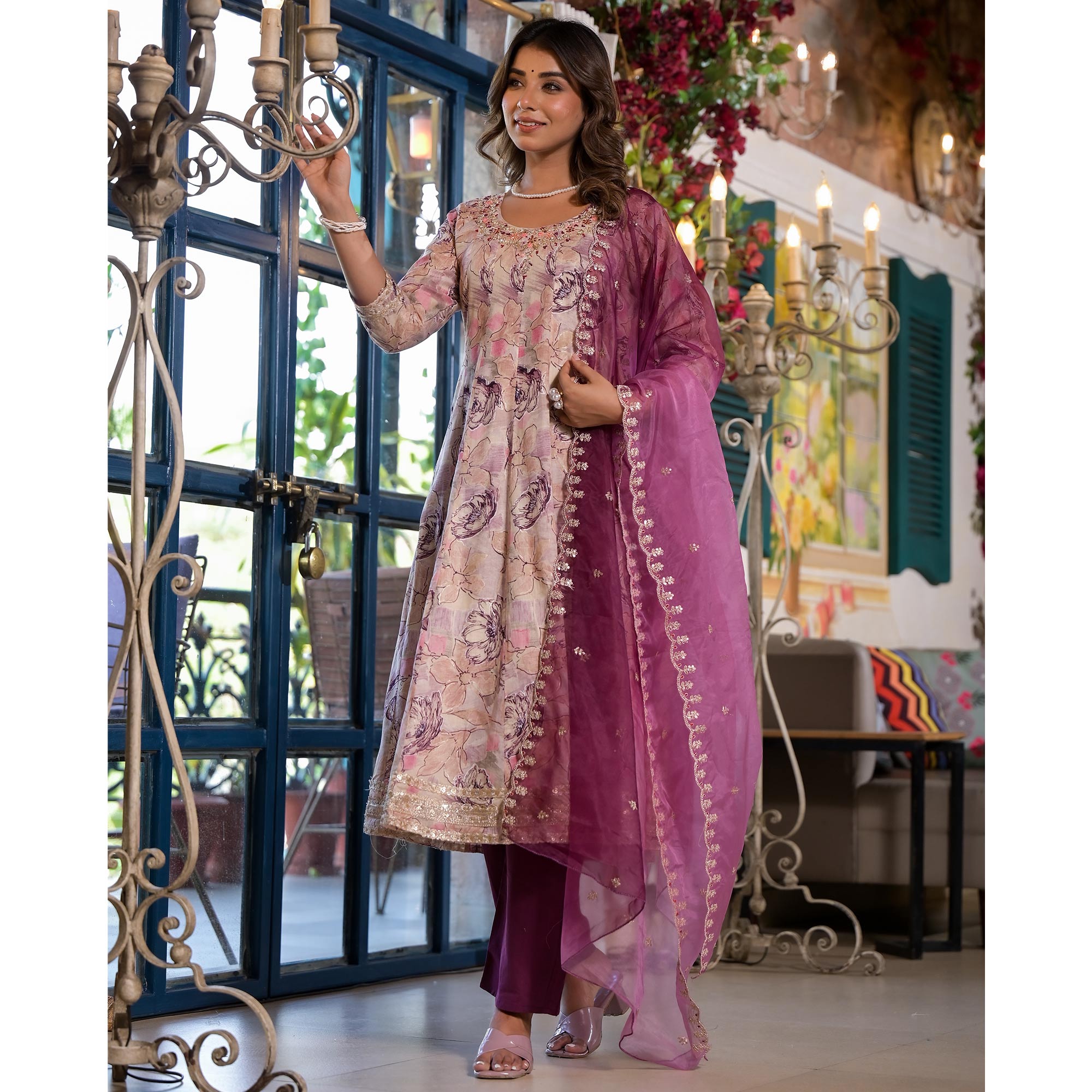 Chikoo & Purple Floral Foil Printed Anarkali Mulmul Cotton Salwar Suit