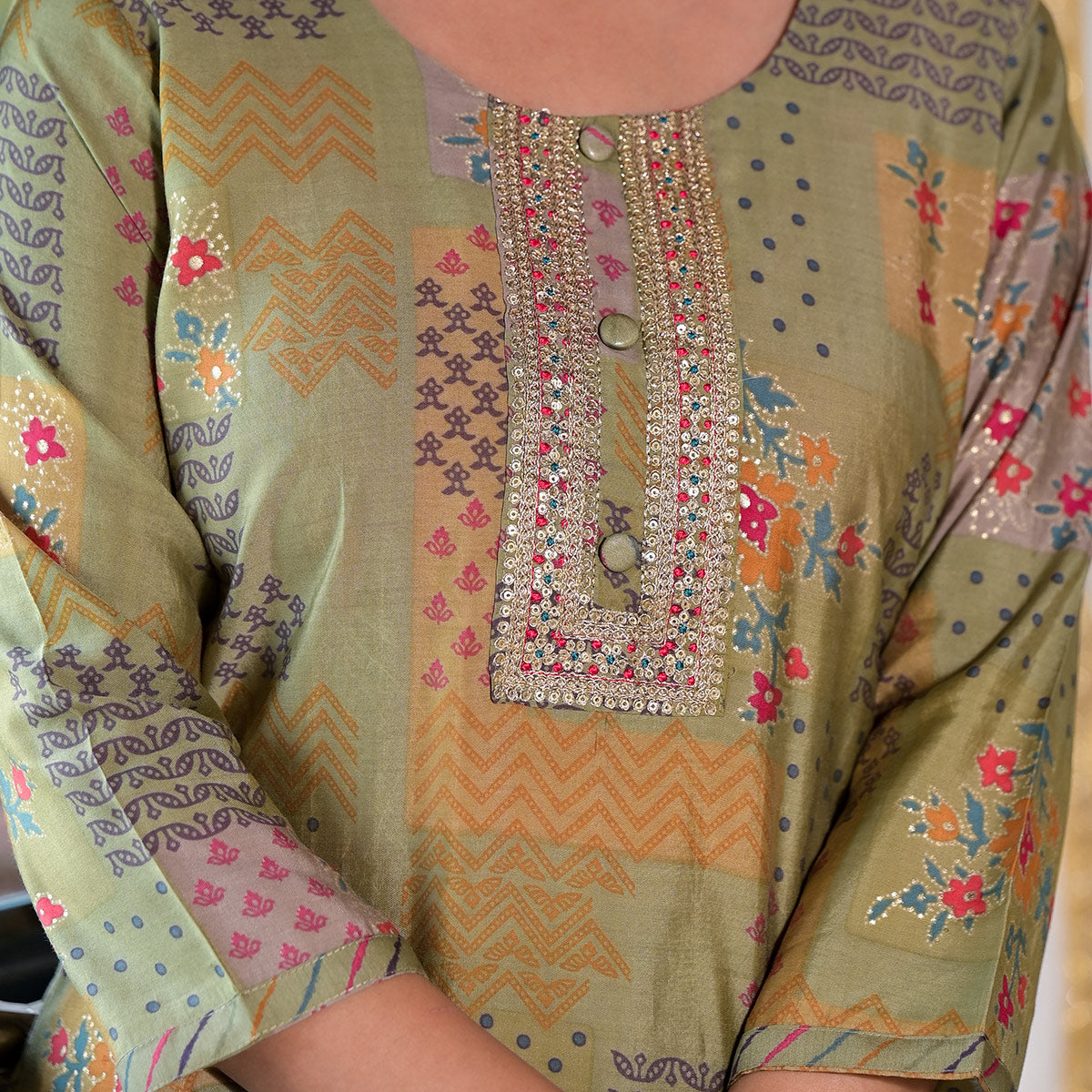 Green Digital Printed Chanderi Silk Salwar Suit
