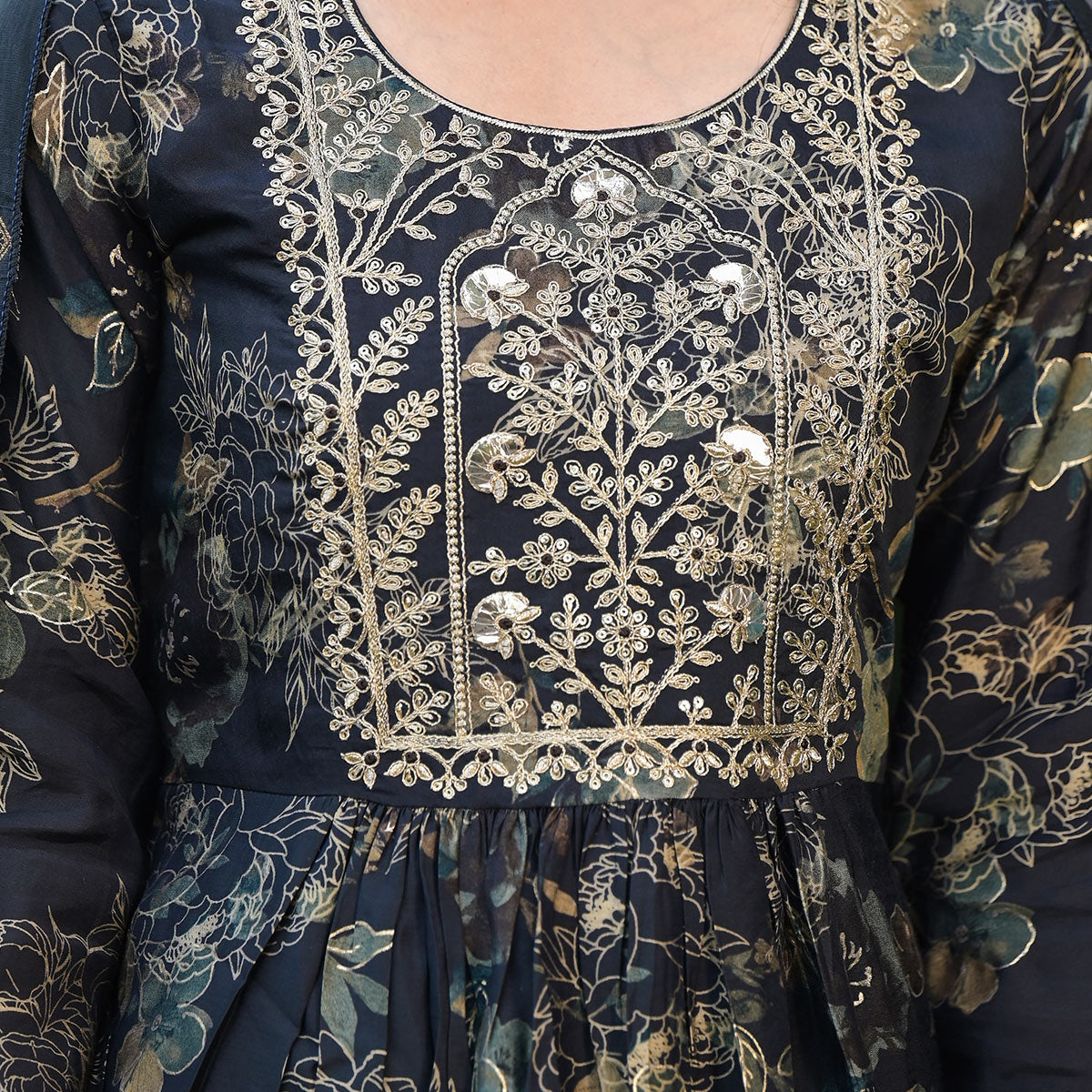 Black Floral Embroidered Chanderi Silk Sharara Suit