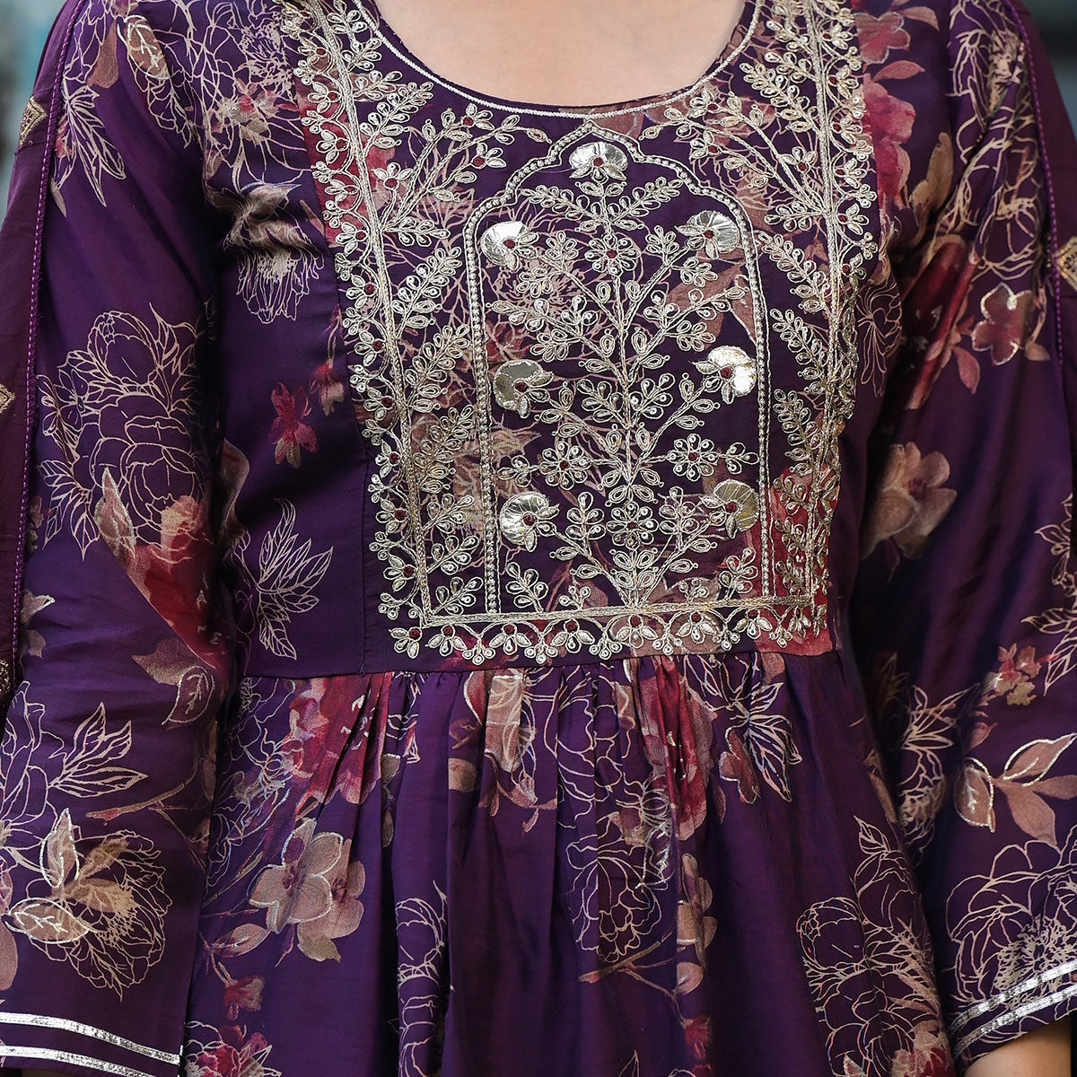 Wine Floral Embroidered Chanderi Silk Sharara Suit