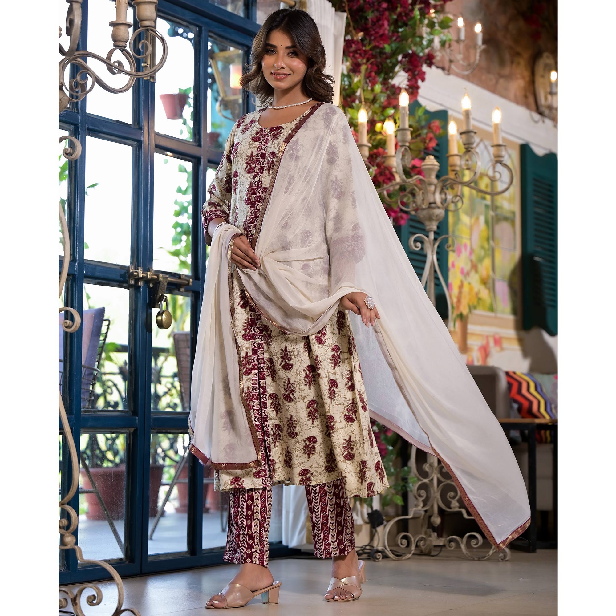 Chikoo & Maroon Floral Foil Printed Rayon A-Line Salwar Suit