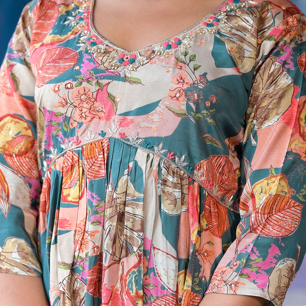 Teal Blue Floral Foil Printed Muslin Alia Cut Salwar Suit With Handcrafted