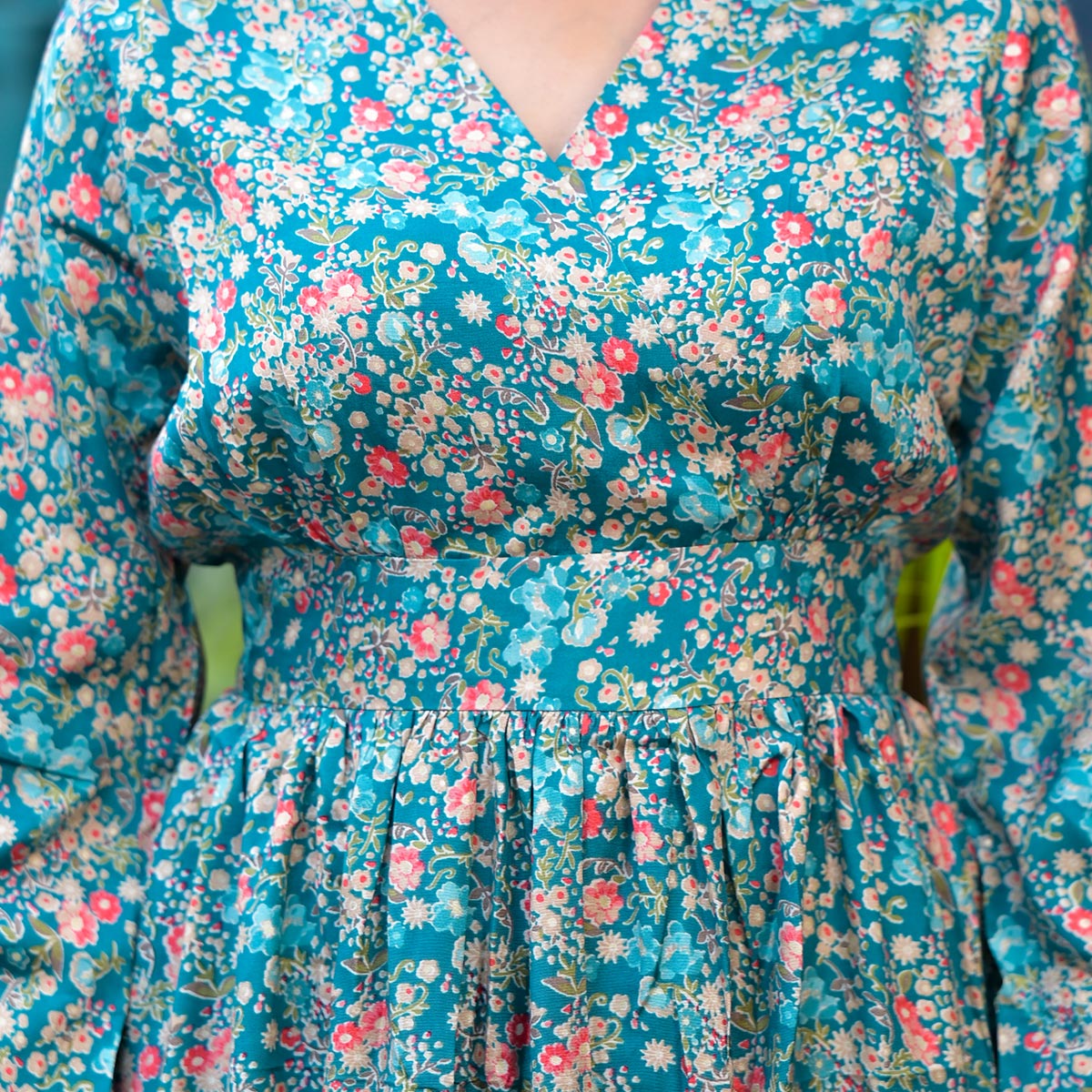 Turquoise Floral Printed Muslin A-line Dress