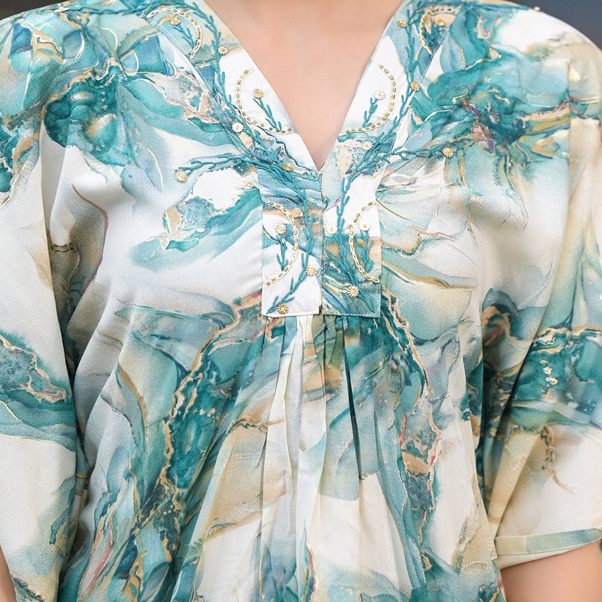Green Foil Printed Rayon Kaftan Co-Ord Set