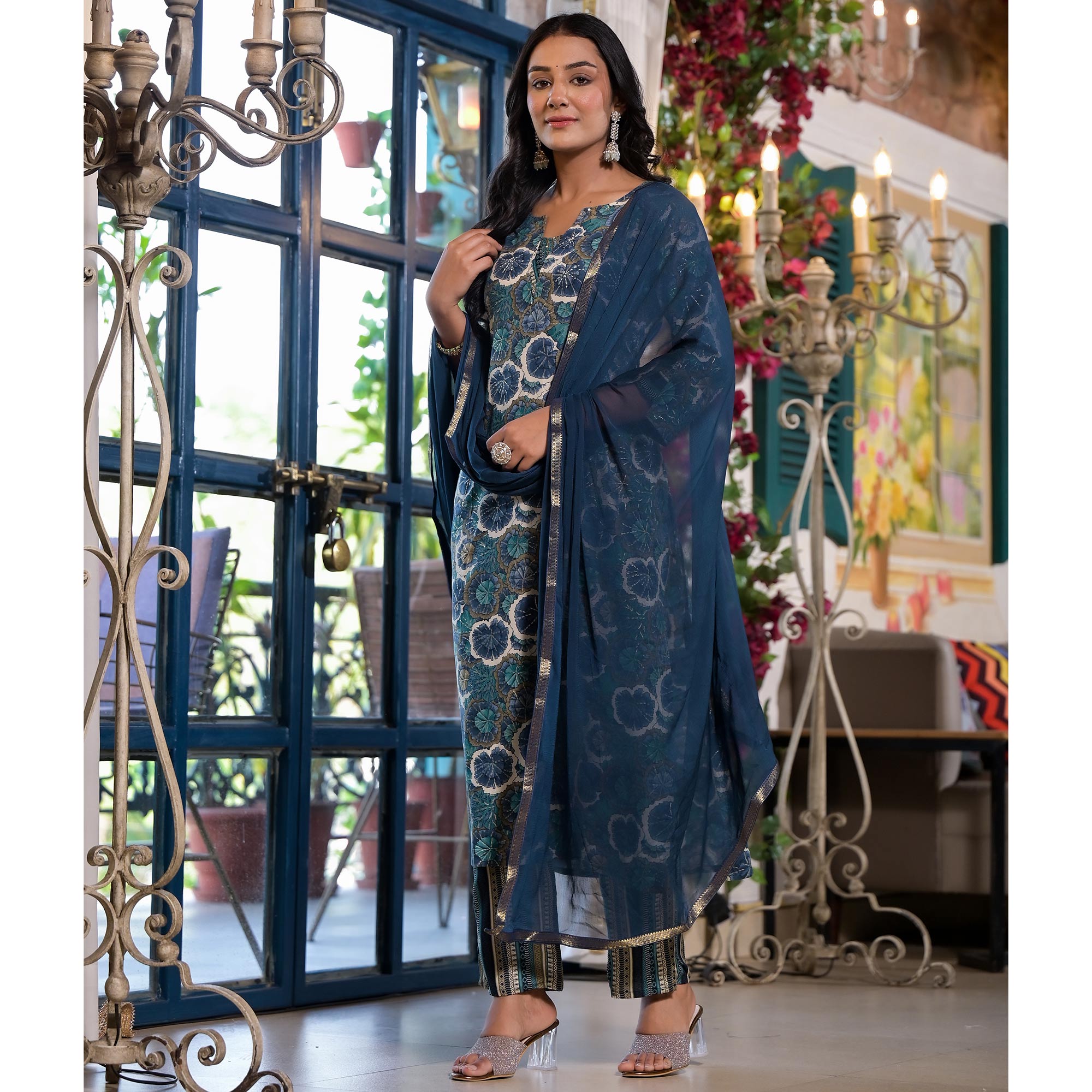 Blue Floral Foil Printed Rayon Straight Salwar Suit