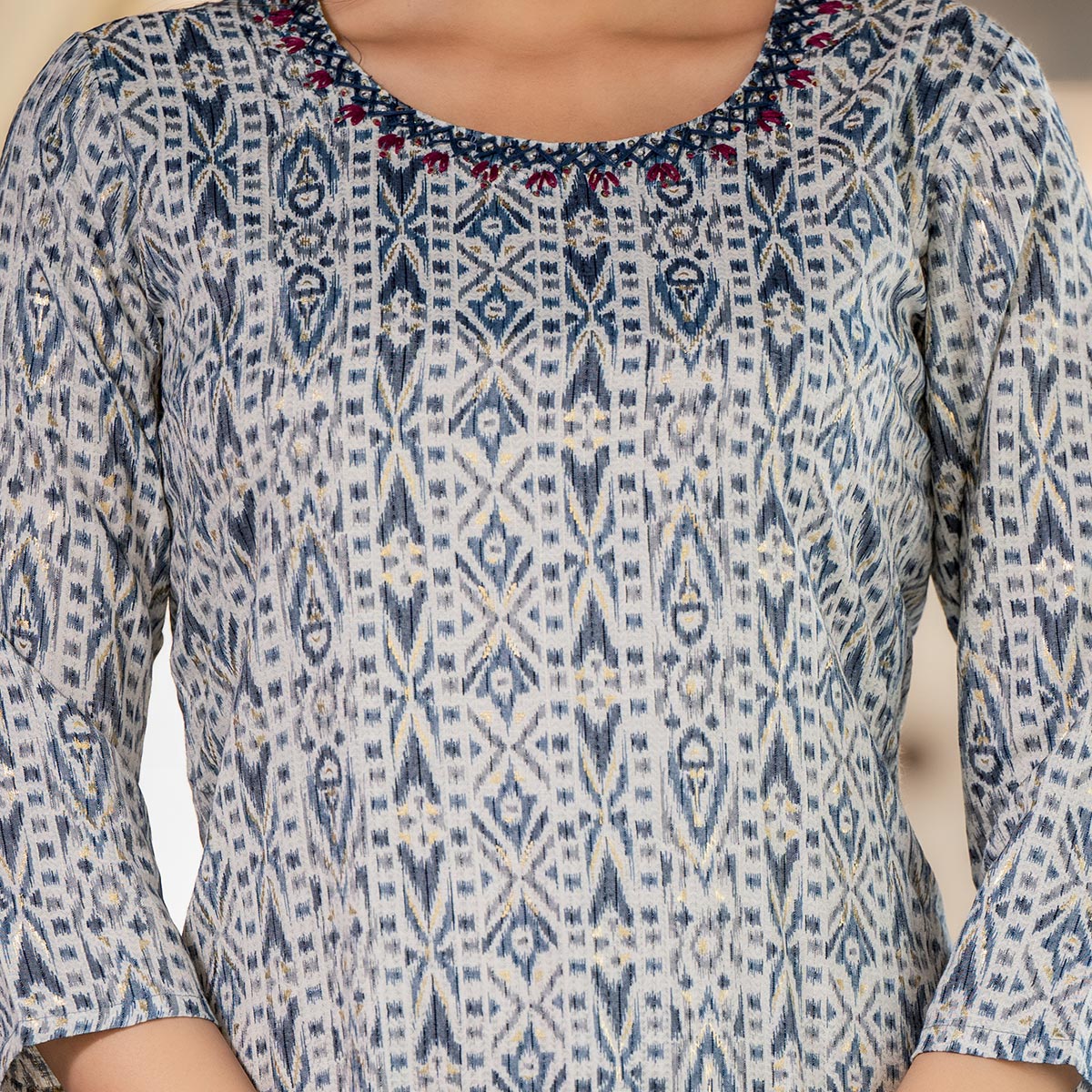 White & Blue Printed Rayon Straight Kurti