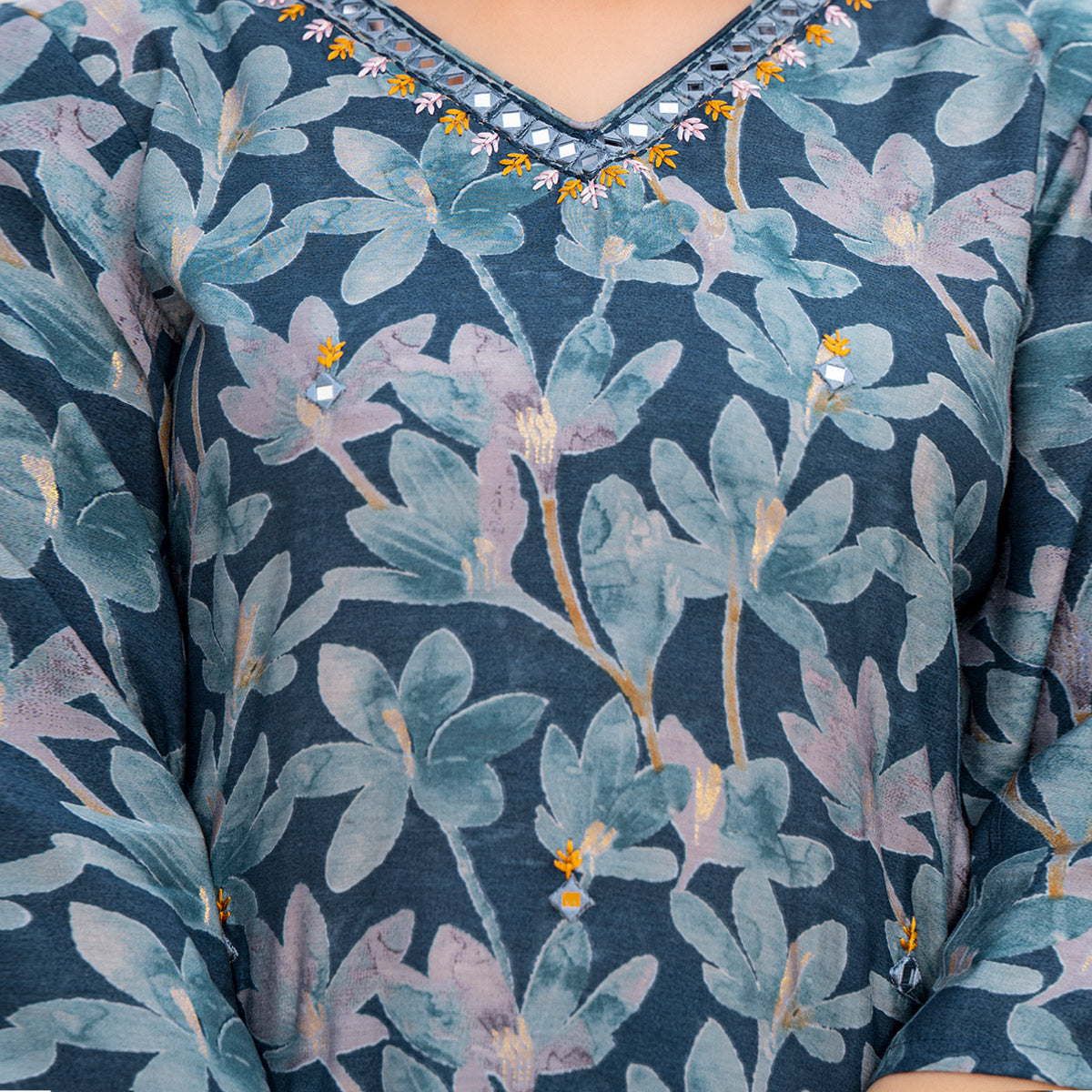 Teal Blue Floral Printed Chanderi Silk Co-Ord Set