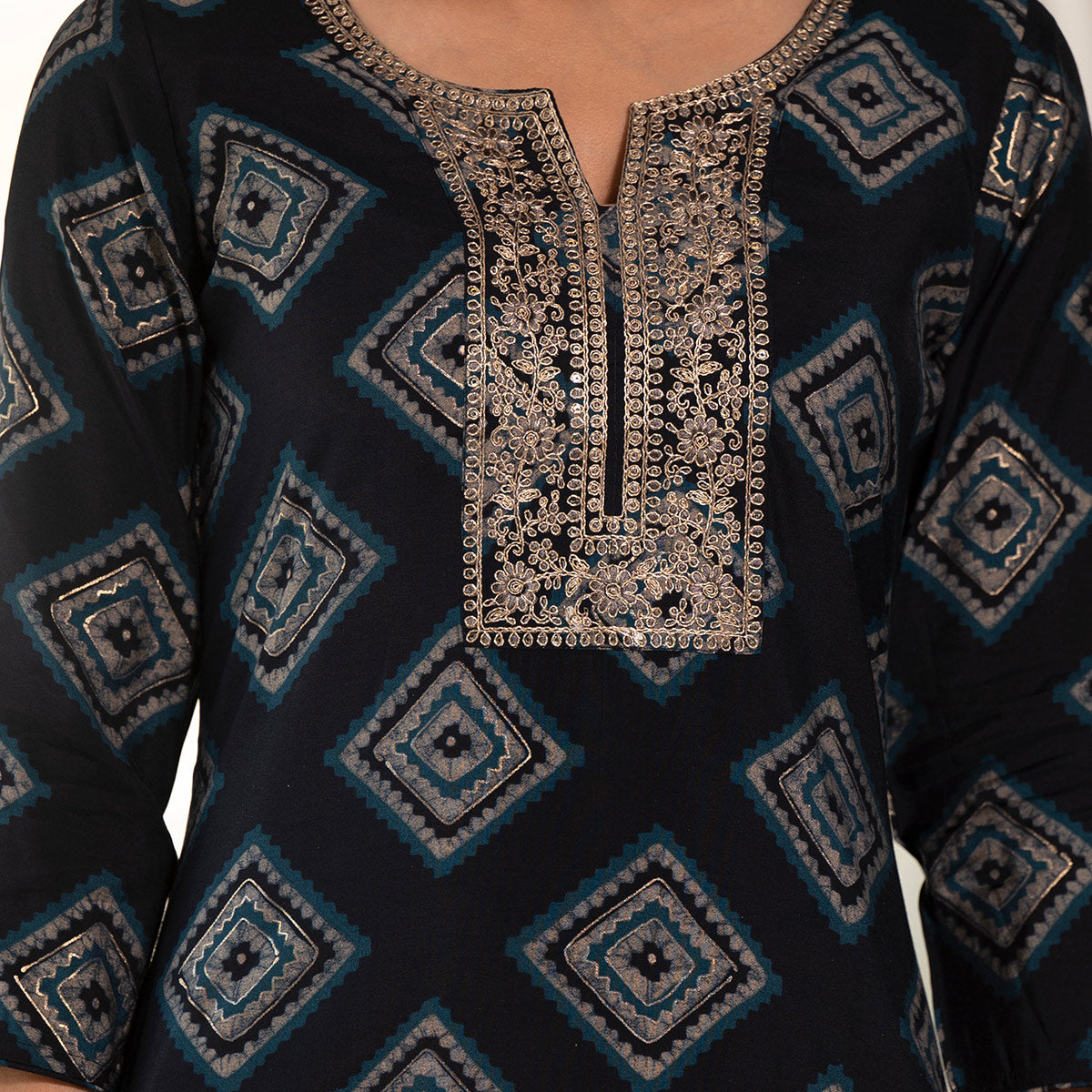 Navy Blue Foil Printed Chanderi Silk Kurti