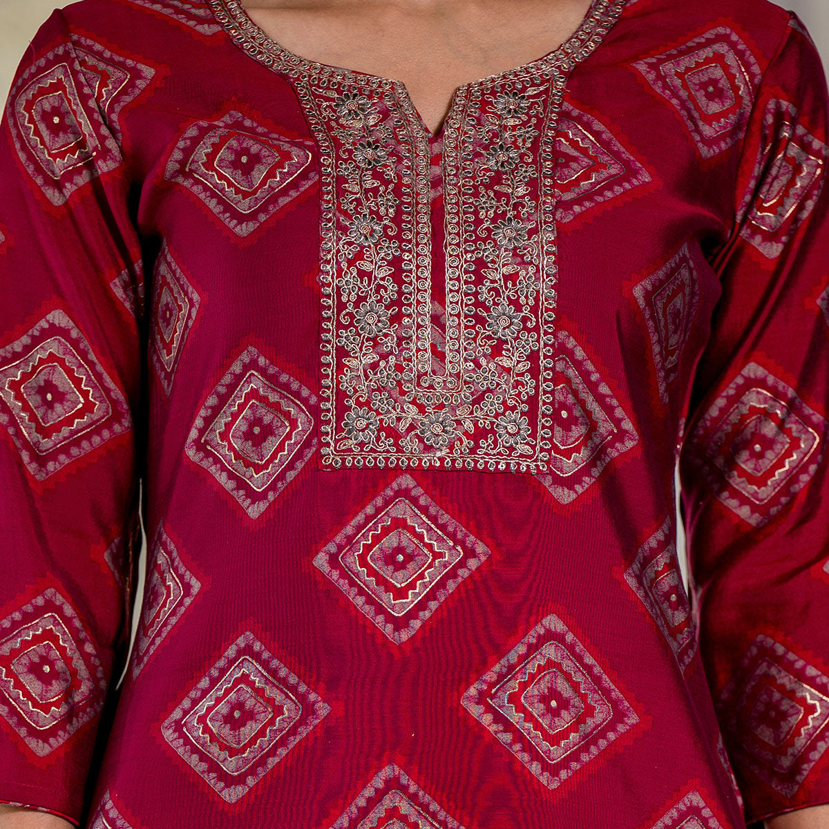 Pink Foil Printed Chanderi Silk Kurti