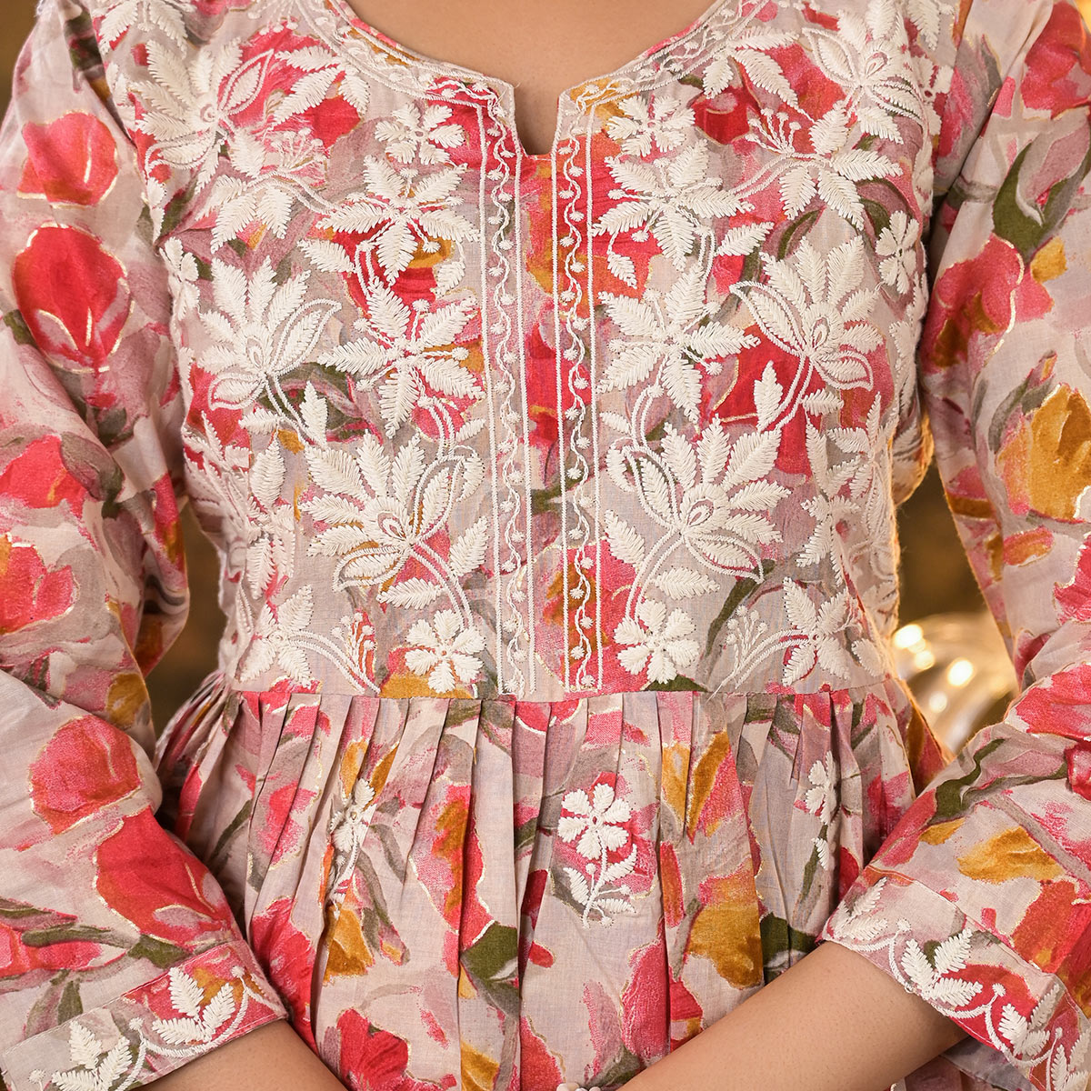 Peach Floral Printed Naira Cut Cambric Cotton Kurti