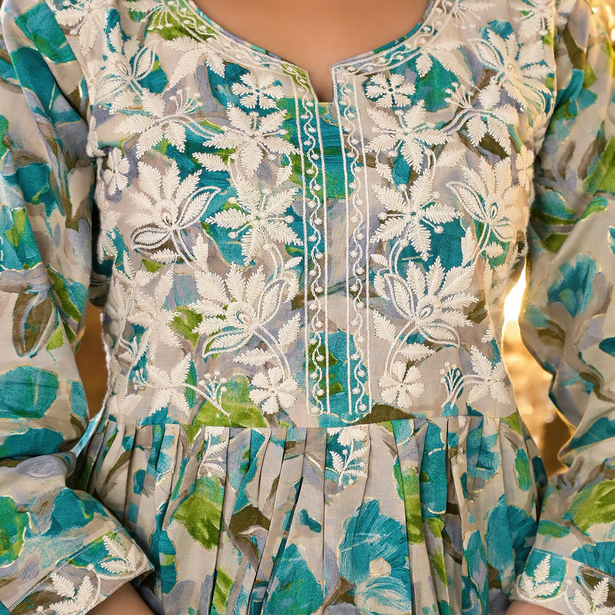 Turquoise Floral Printed Naira Cut Cambric Cotton Kurti