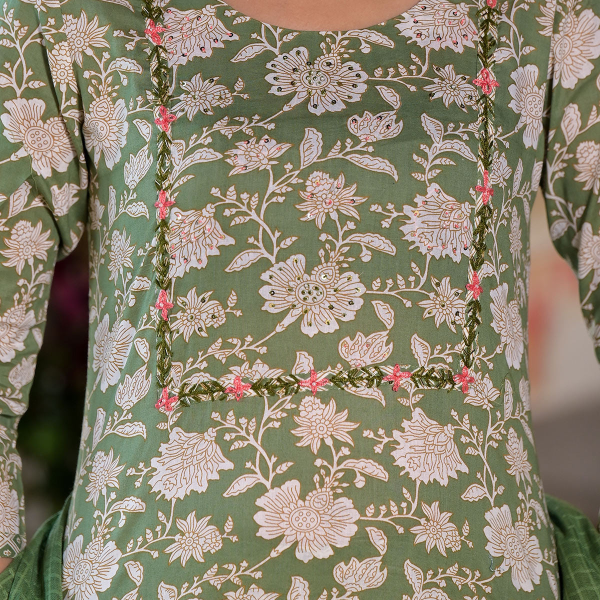 Pista Green Floral Printed Pure Cotton Salwar Suit