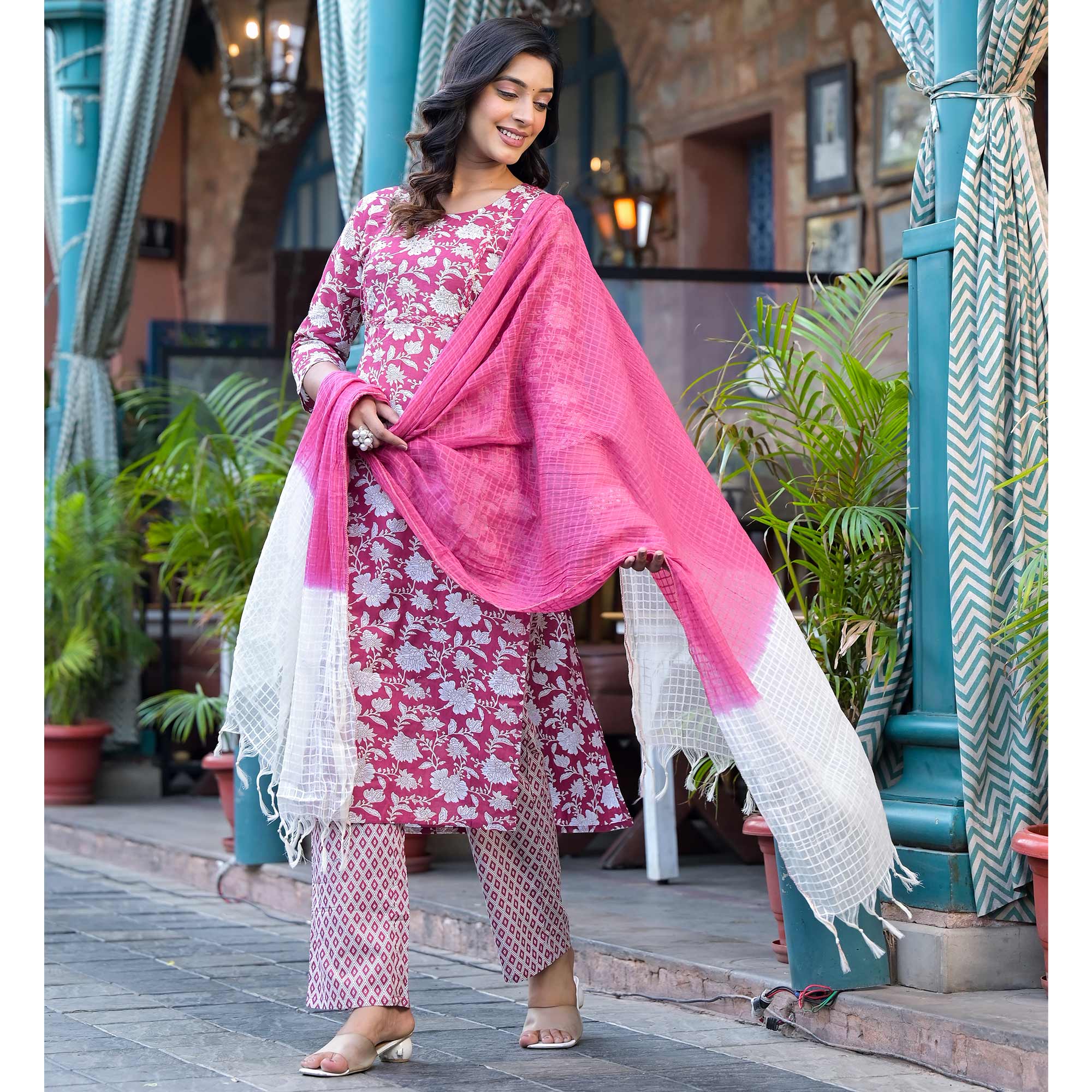 Wine Floral Printed Pure Cotton Salwar Suit