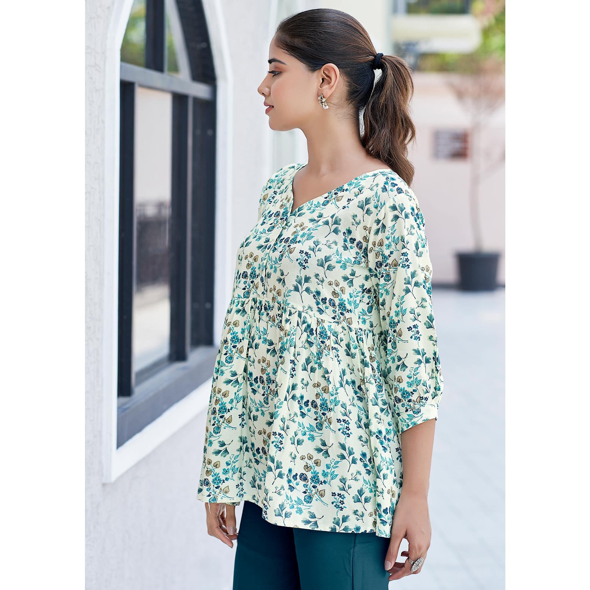 Blue Floral Printed Rayon A-Line Top