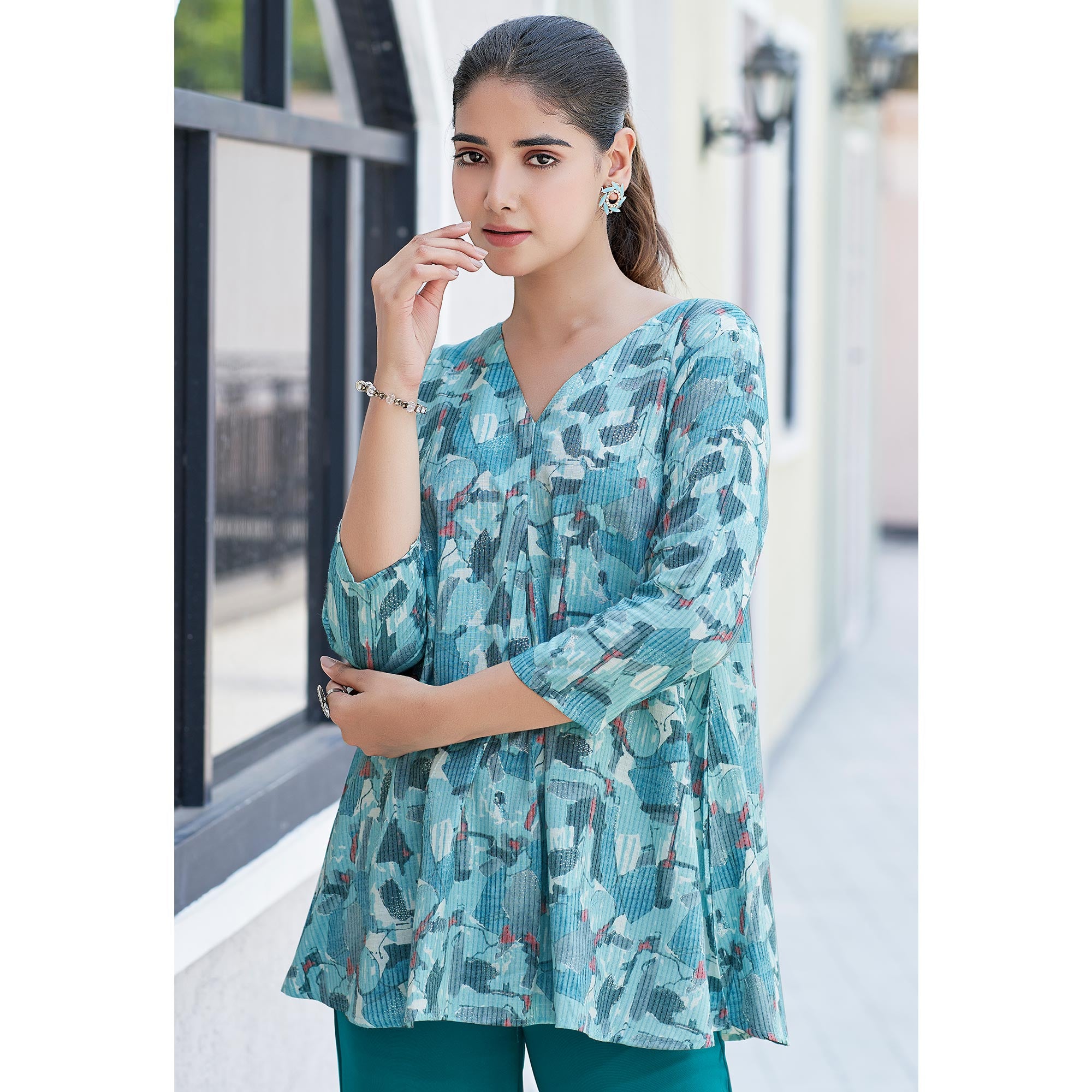 Light Blue Printed Rayon Top