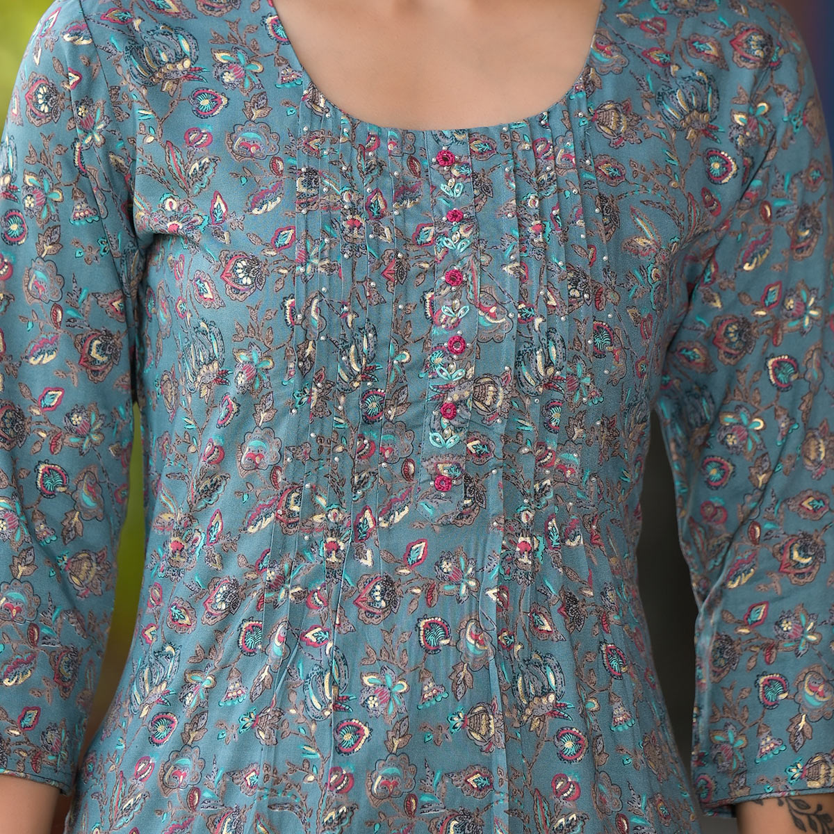 Bluish Grey Floral Printed Rayon Straight kurti