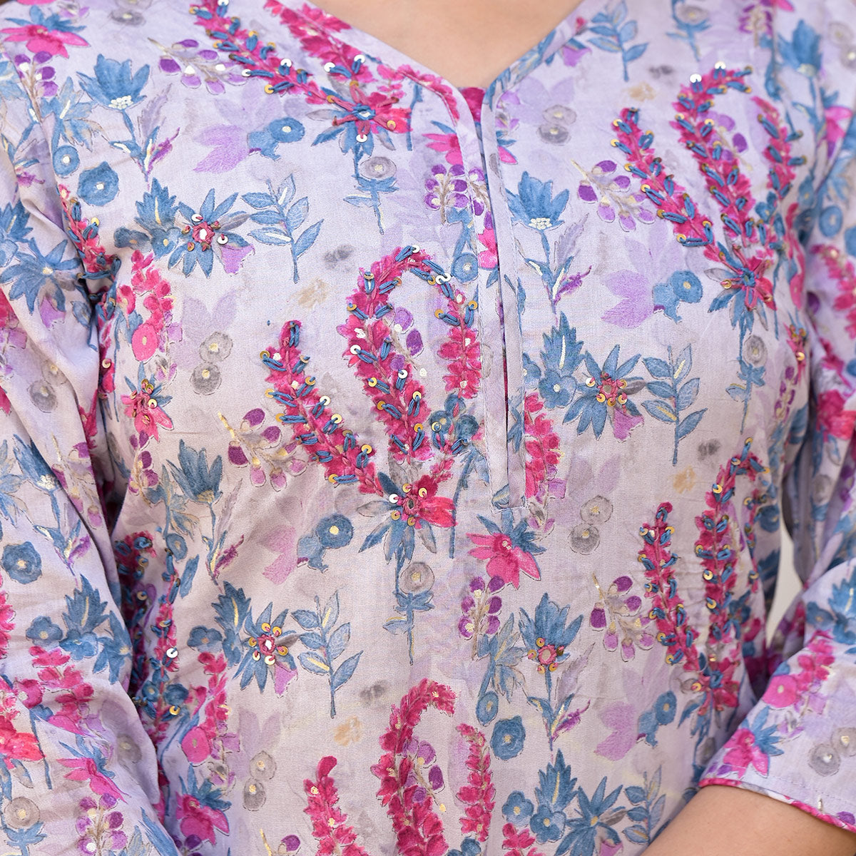 Grey Floral Printed Mulmul Cotton Salwar Suit With Handcrafted