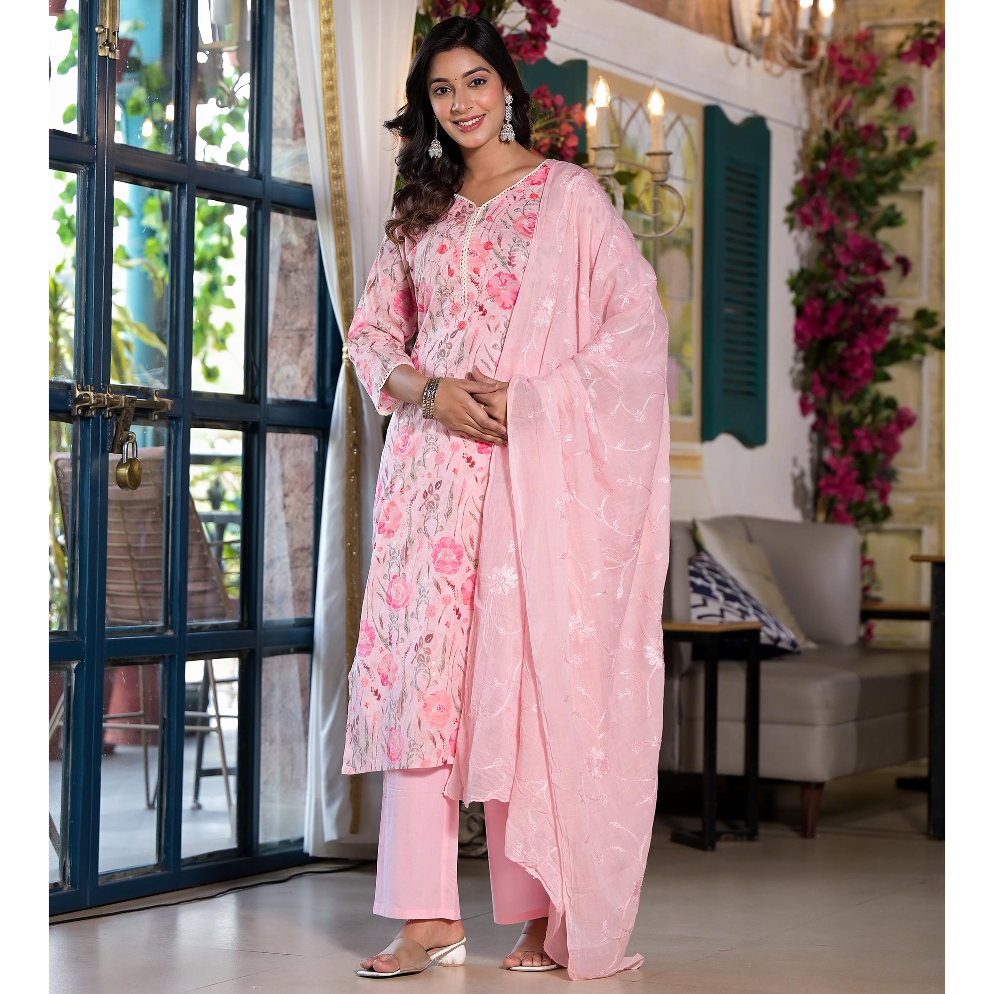 Pink Floral Printed Mulmul Cotton Straight Salwar Suit
