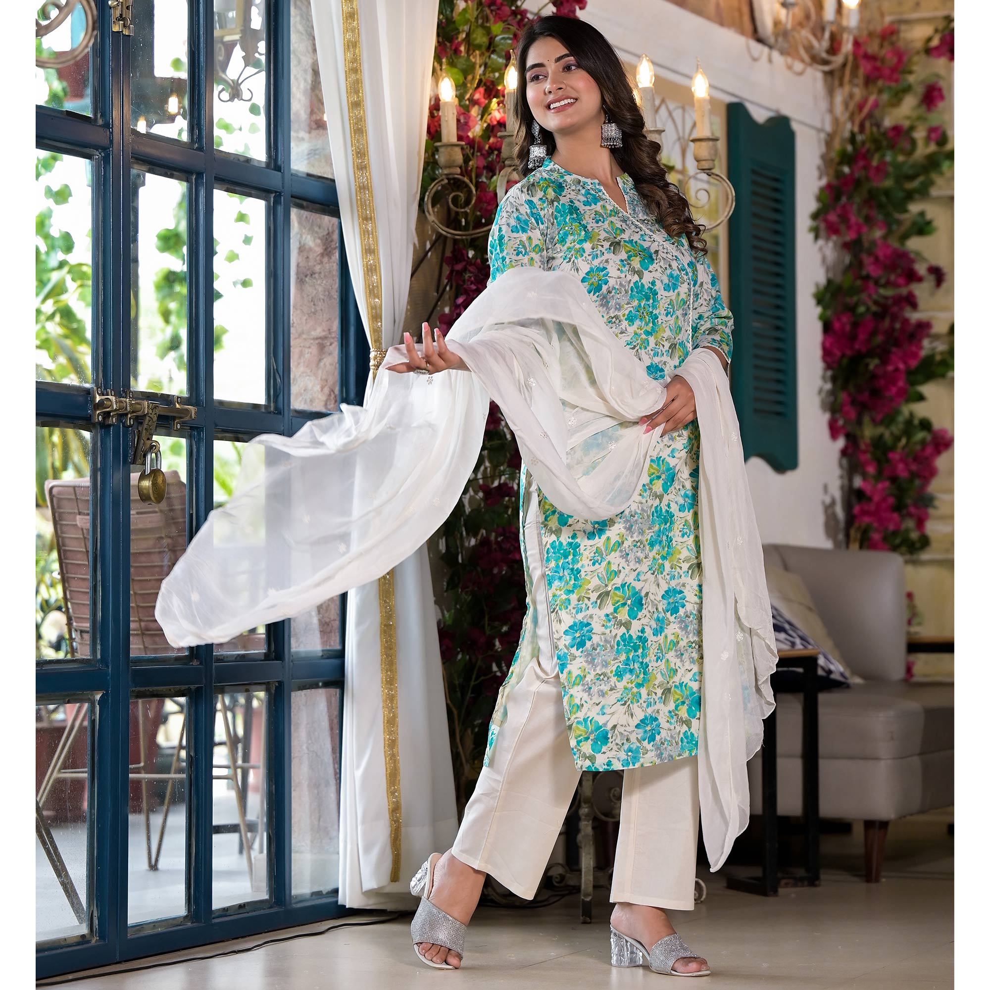White Floral Angrakha Style Mulmul Cotton Suit With Foil Print