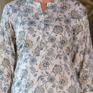 Grey Floral Foil Printed Chanderi Silk Kurti