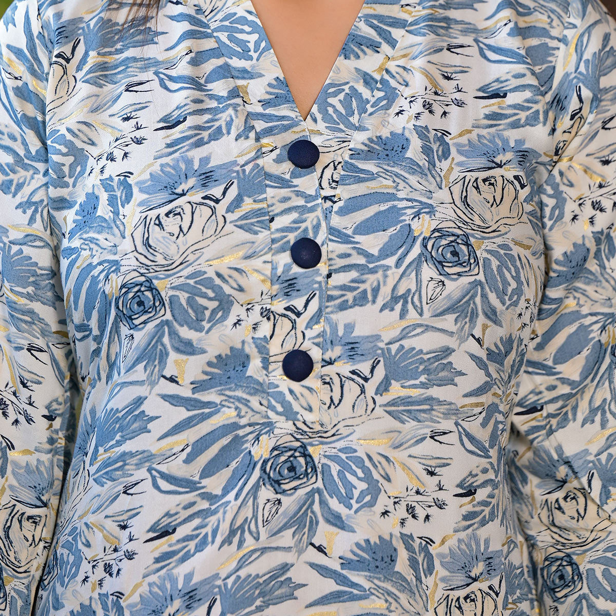 Blue Floral Printed Rayon Kurti