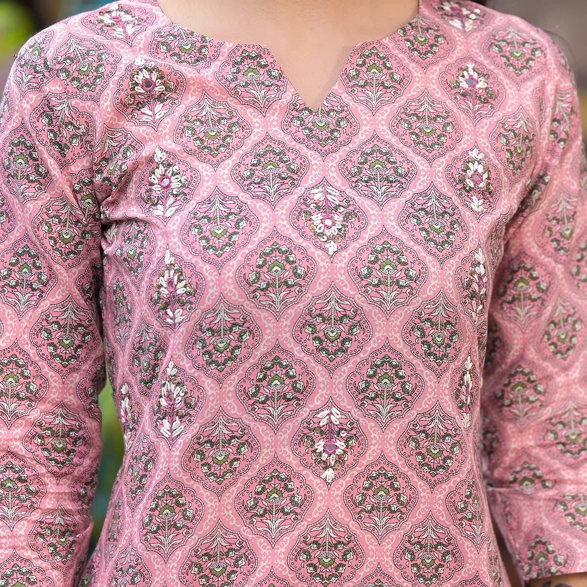 Pink Floral Printed Pure Cotton Kurti Set