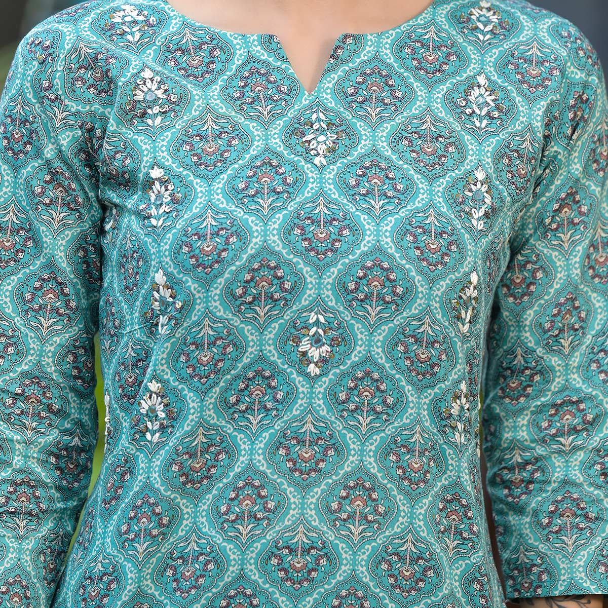 Sea Green Floral Printed Pure Cotton Kurti Set