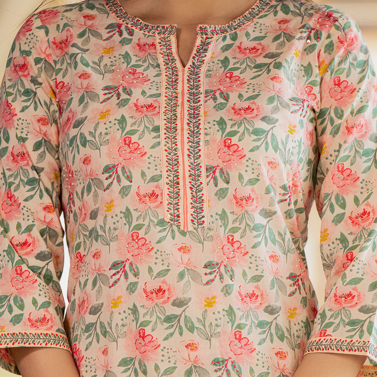 Peach Floral Printed Pure Cotton Salwar Suit
