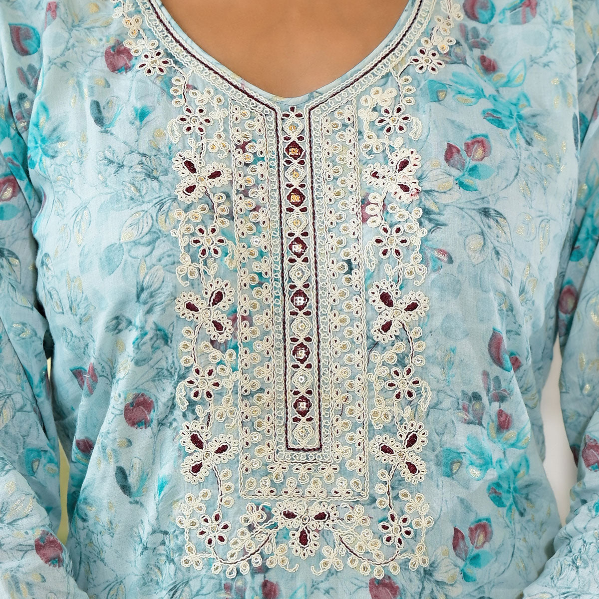 Blue Floral Printed Mul Mul Cotton Straight Kurti