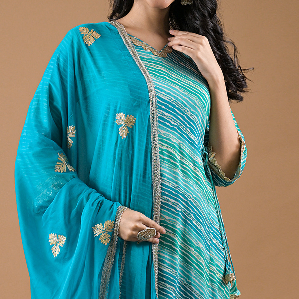 Turquoise Leheriya Printed Rayon A-line Salwar Suit