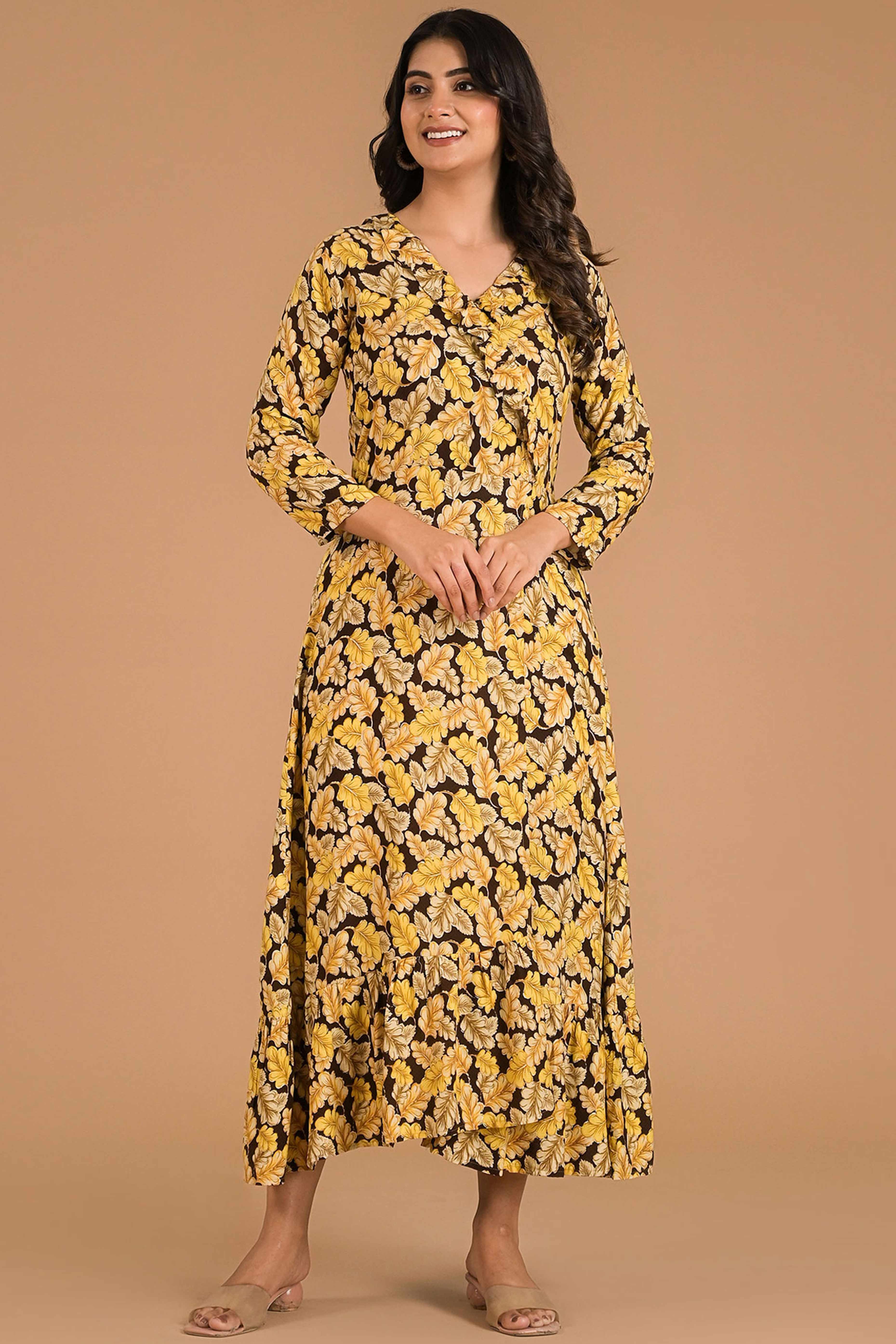 Mustard Floral Printed Rayon Maxi Dress