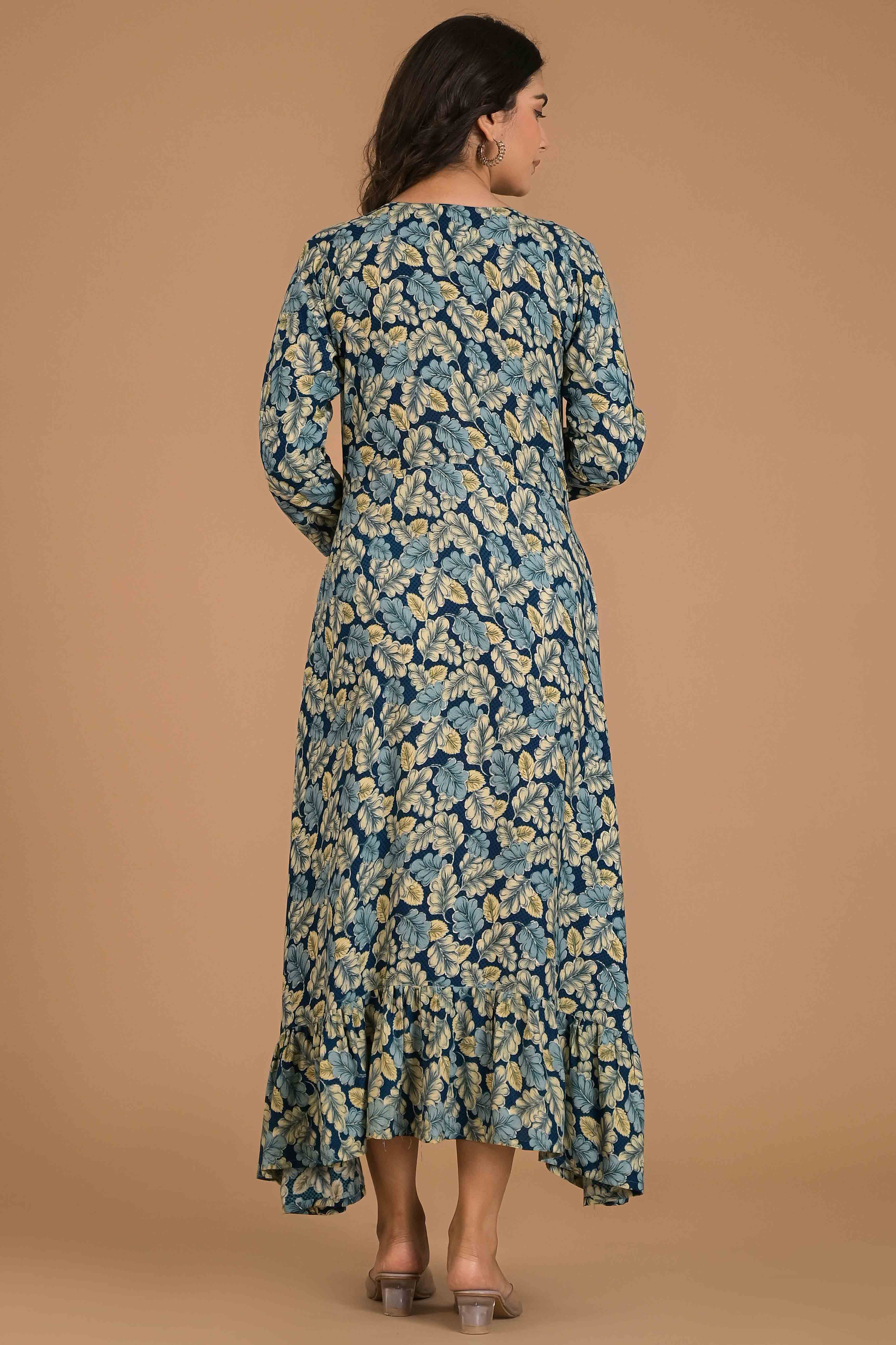 Teal Blue Floral Printed Rayon Maxi Dress