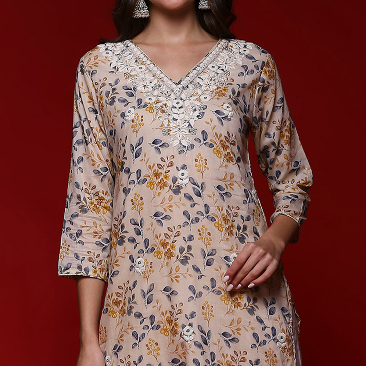 Chikoo Floral Printed Mulmul Cotton Straight Kurti