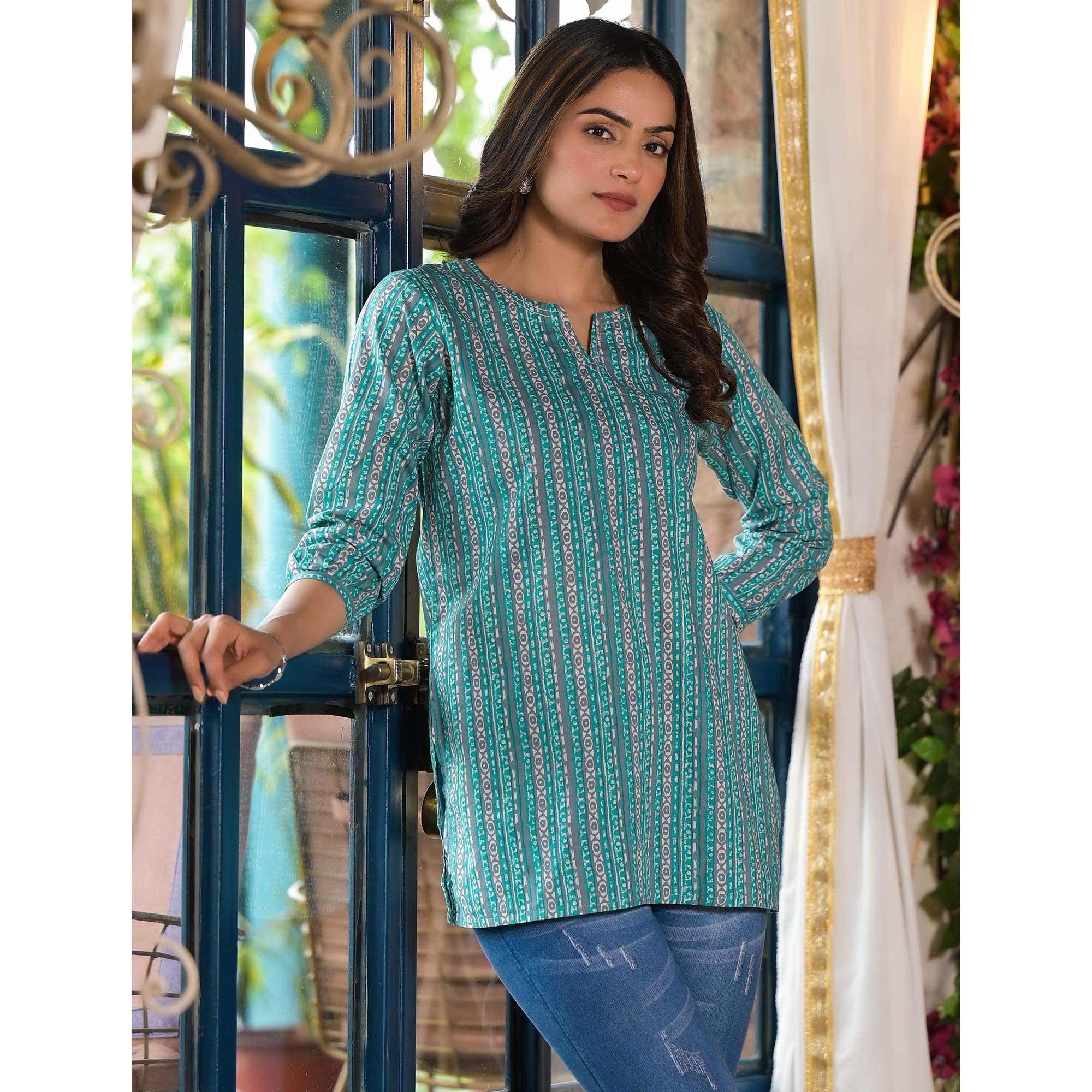 Turquoise Printed Pure Cotton Top