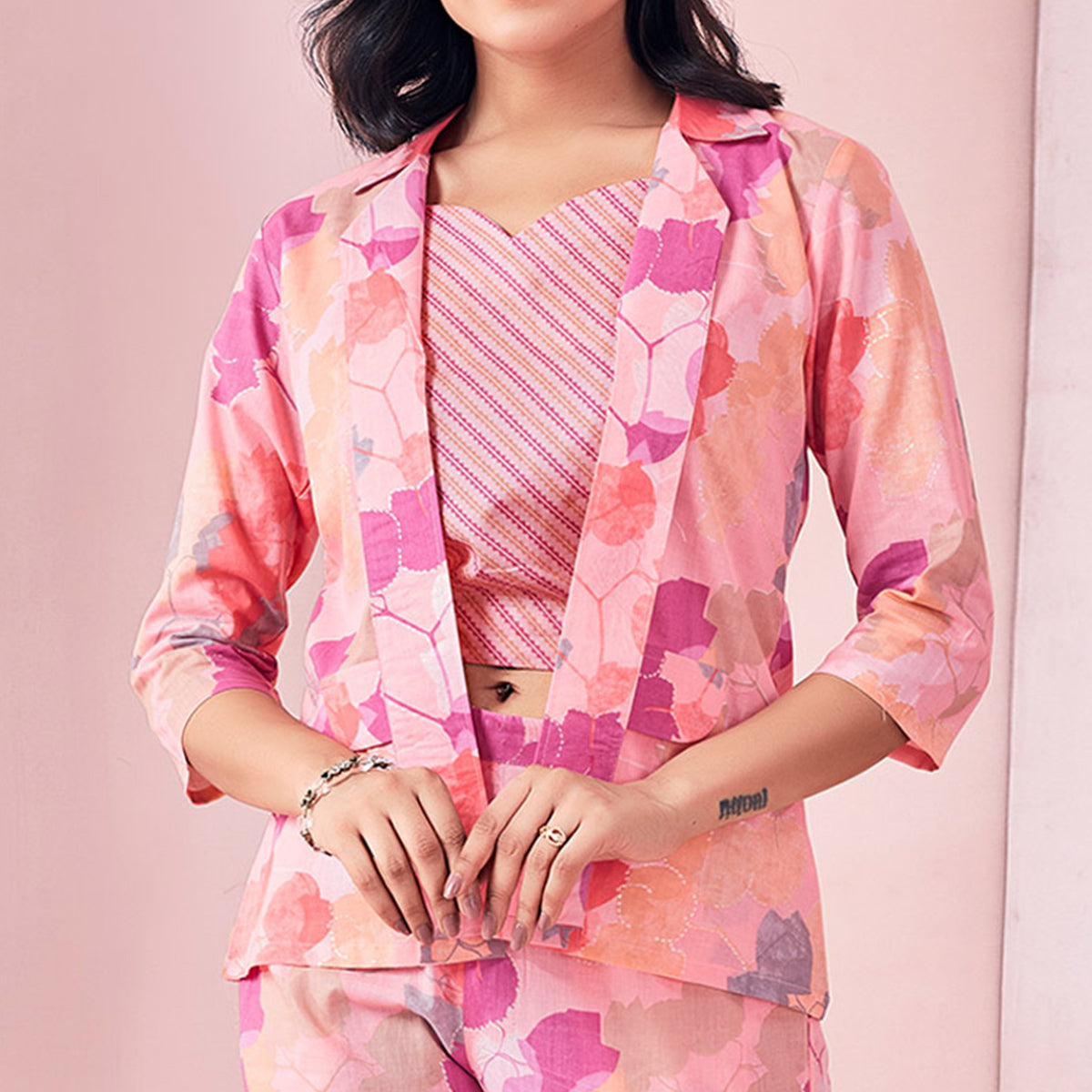 Peach Floral Printed Pure Cotton Co-ord Set With Jacket