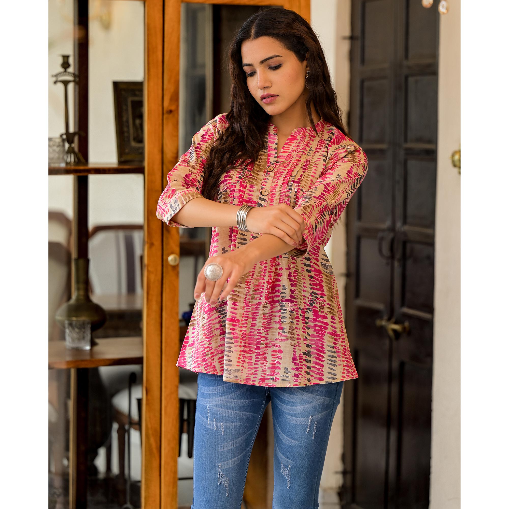 Rani Pink Foil Printed Pure Cotton A-Line Top