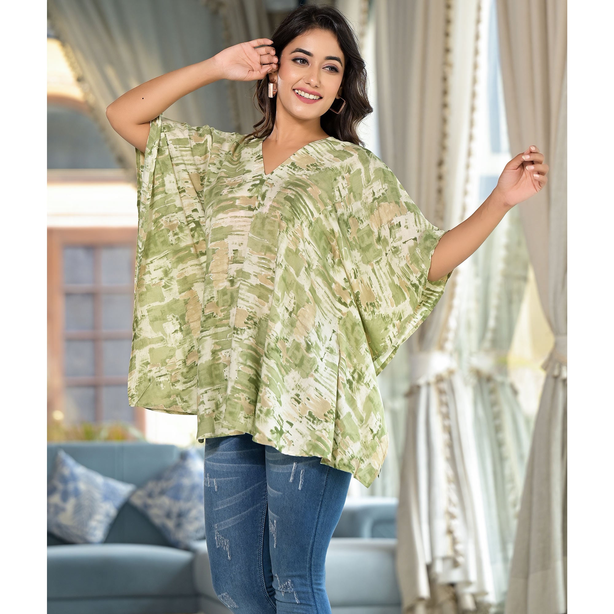 Olive Foil Printed Chanderi Silk Kaftan Top