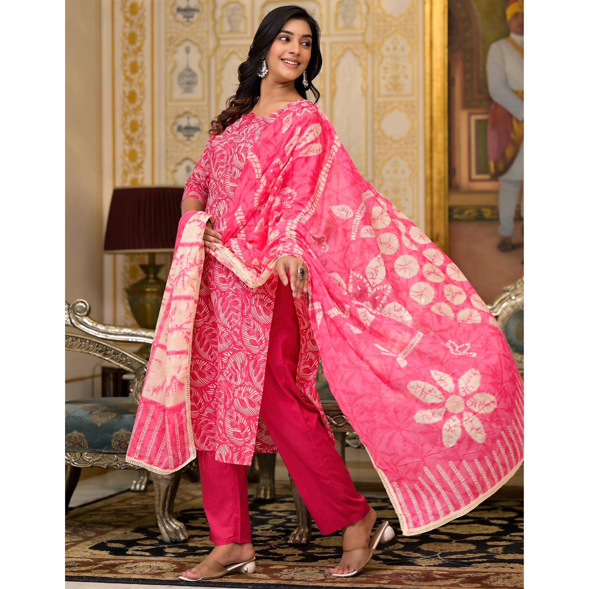 Rani Pink Floral Printed Pure Cotton Straight Salwar Suit