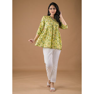 Green Floral Printed Pure Cotton A-Line Top